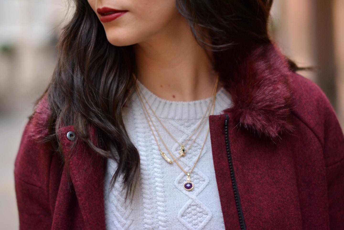 EJSTYLE - French Connection faux fur trim coat Foxy, Topshop Layered gold charm necklace, Freedom jewellery