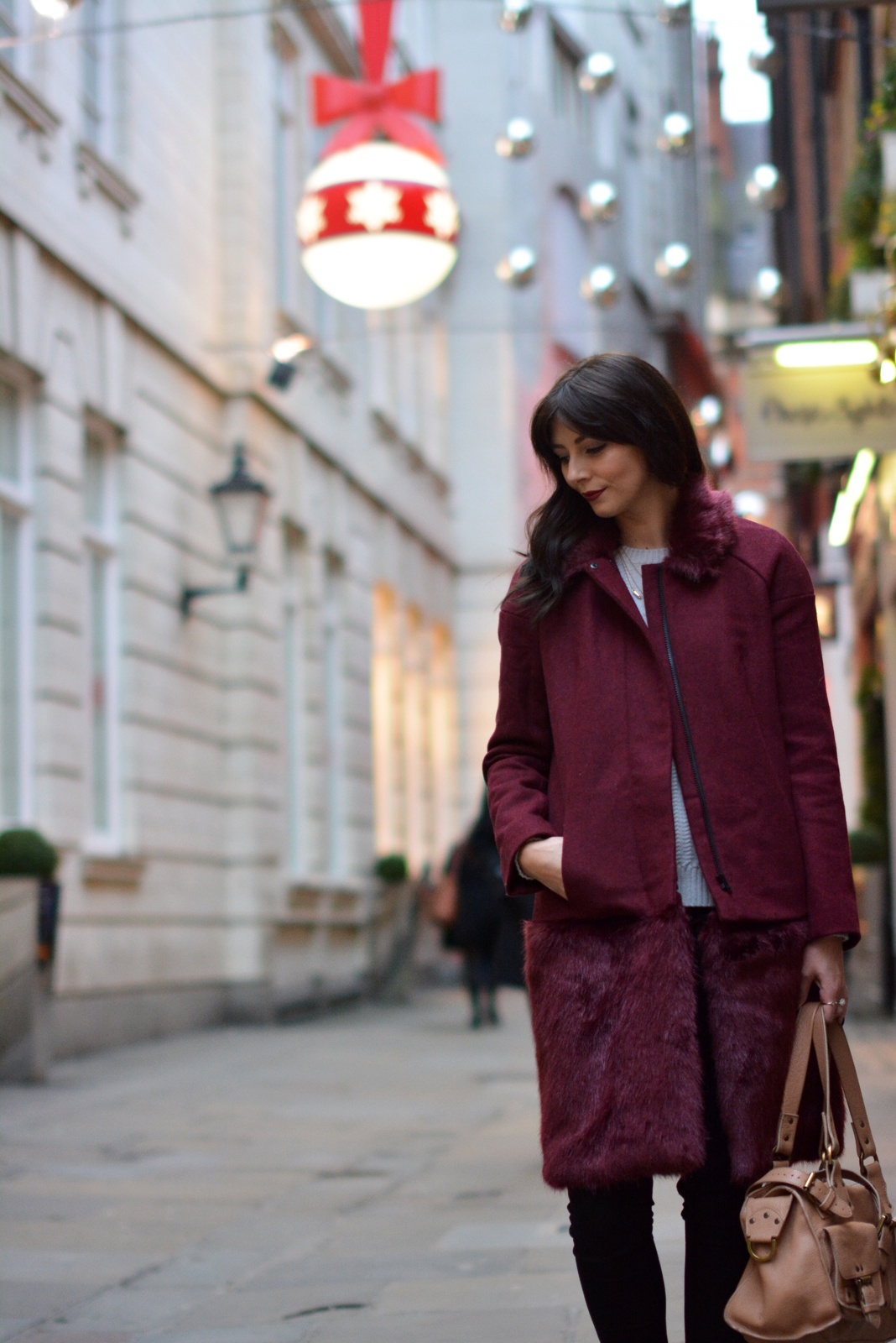 EJSTYLE - French Connection faux fur trim coat Foxy, st Christophers Place Christmas, Fashion Blogger london street style