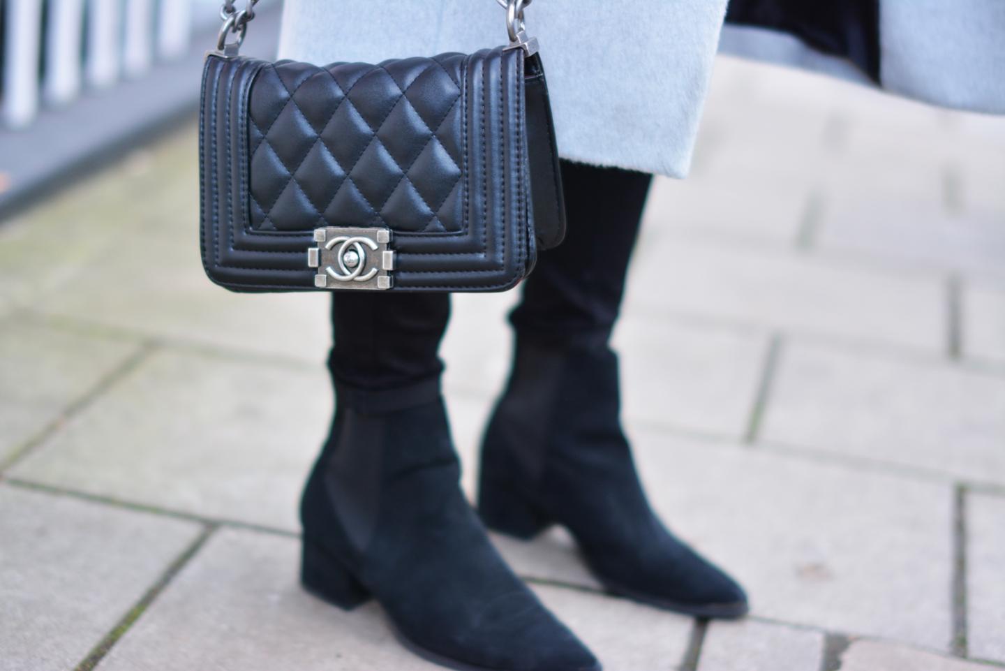 EJSTYLE - Black Chanel boy bag handbag silver hardware, black pointed toe ankle boots