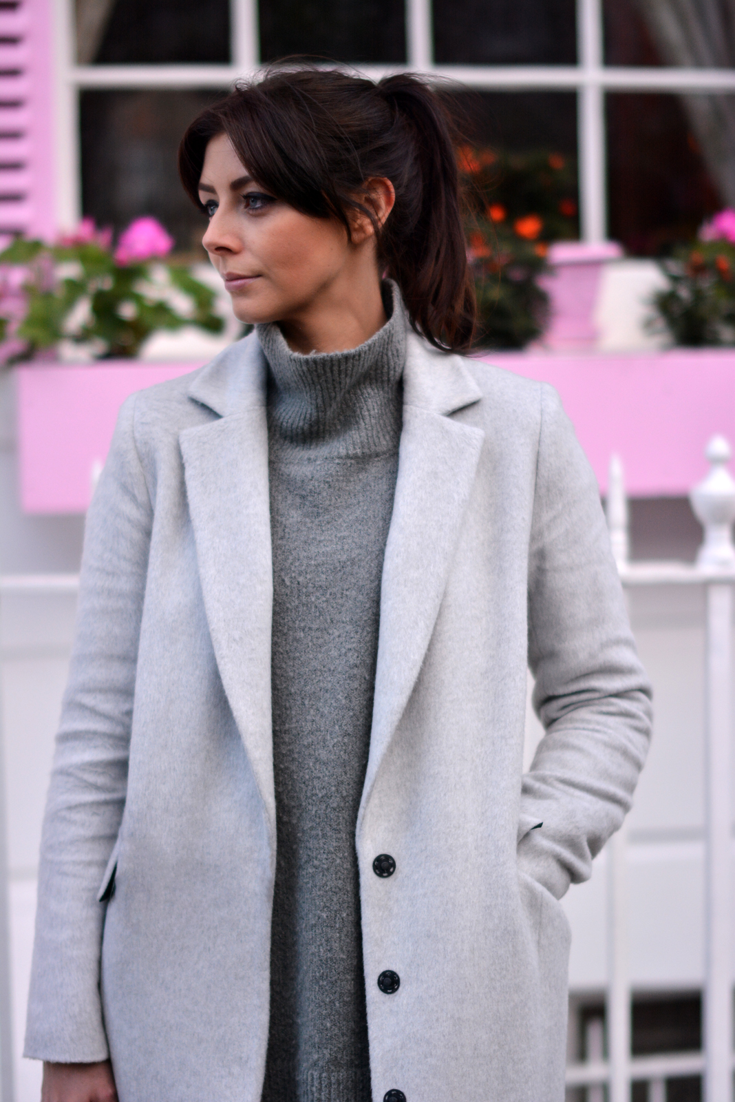 EJSTYLE - Grey long Dorothy Perkins coat, grey high neck sweater jumper Zara