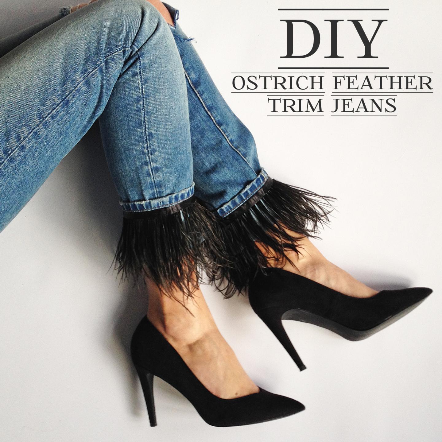 EJSTYLE - DIY Ostrich feather trim jeans, customise jeans, old boyfriend jeans