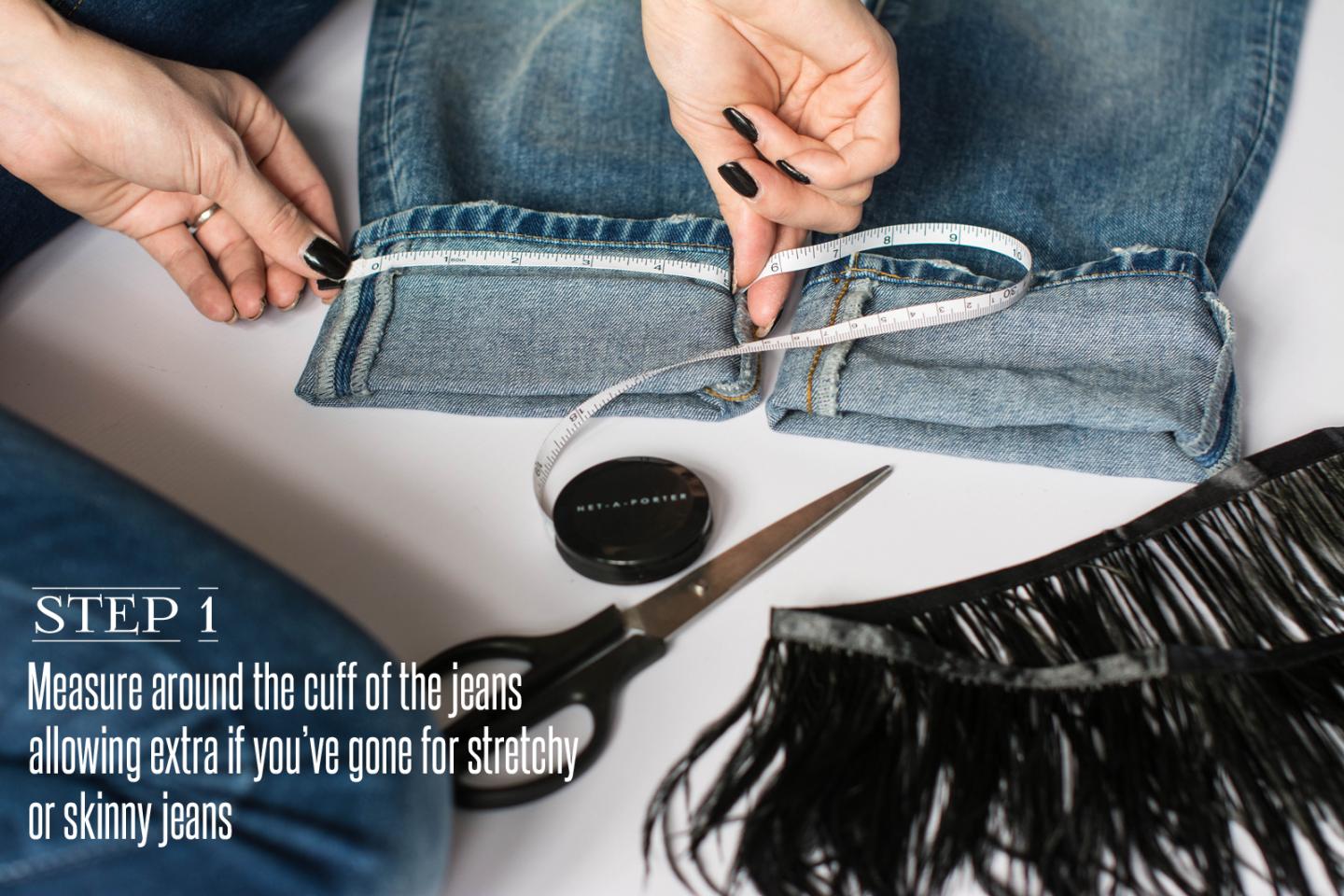 EJSTYLE - DIY Ostrich feather trim jeans, customise jeans, step 1