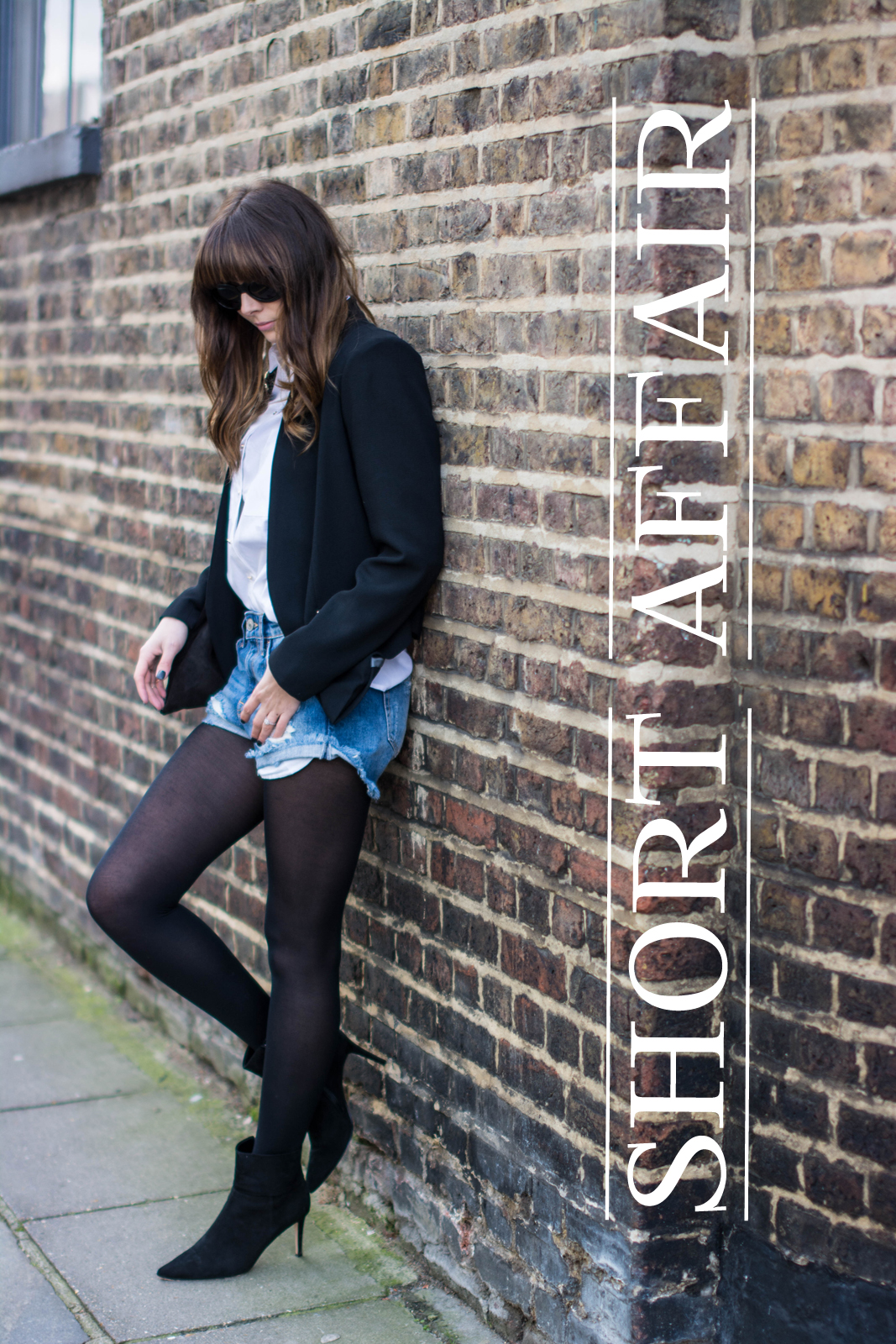 EJSTYLE - Emma Hill, River Island denim shorts, black crepe blazer, black tights, Suede gold chain bag, white shirt, street style, ootd, dune naturally ankle boots
