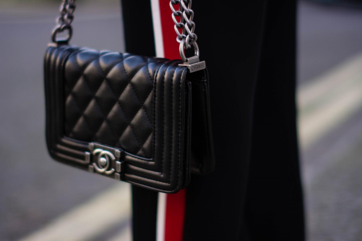 EJSTYLE - Emma Hill fashion blogger, Zara sporty stripe wide leg trousers pants, small black leather chanel boy bag, london 2015 street style