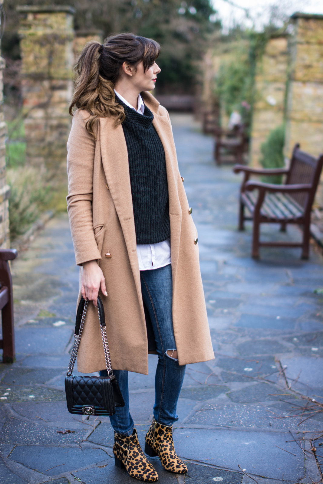 EJSTYLE - River Island Camel Coat, Next leopard print ankle boots, Bershka ripped knees skinny jeans, boohoo black jumper, white shirt, OOTD, winter outfit