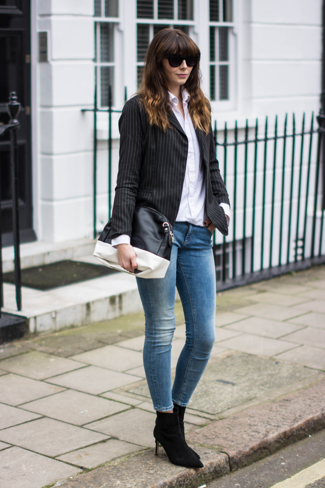 EJSTYLE - Emma Hill, Fashion Blogger, Zara Black White clutch bag, Pinstripe blazer, blue skinny jeans, white shirt, Dune naturally black suede ankle boots, OOTD, street style