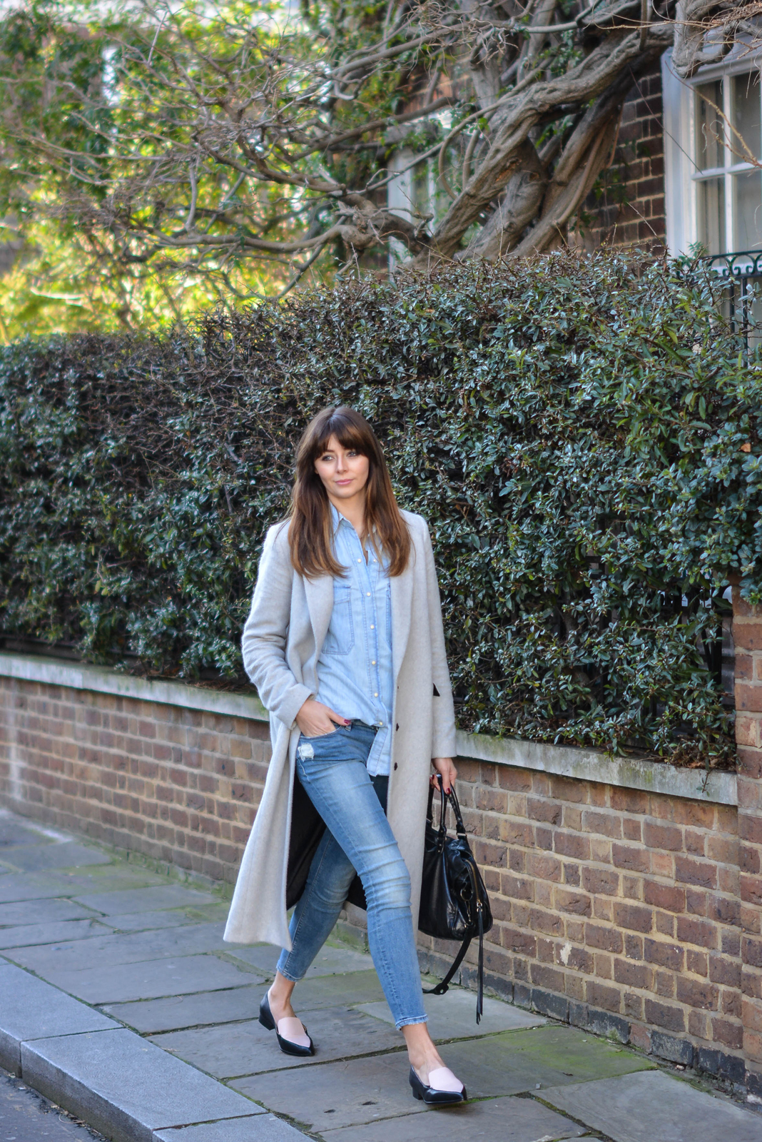 EJSTYLE - Emma Hill, Fashion blogger, Dorothy Perkins Grey coat, zara denim shirt, asos skinny jeans, double denim trend, SS15, John Lewis pointed loafers, black white pointed loafers, OOTD