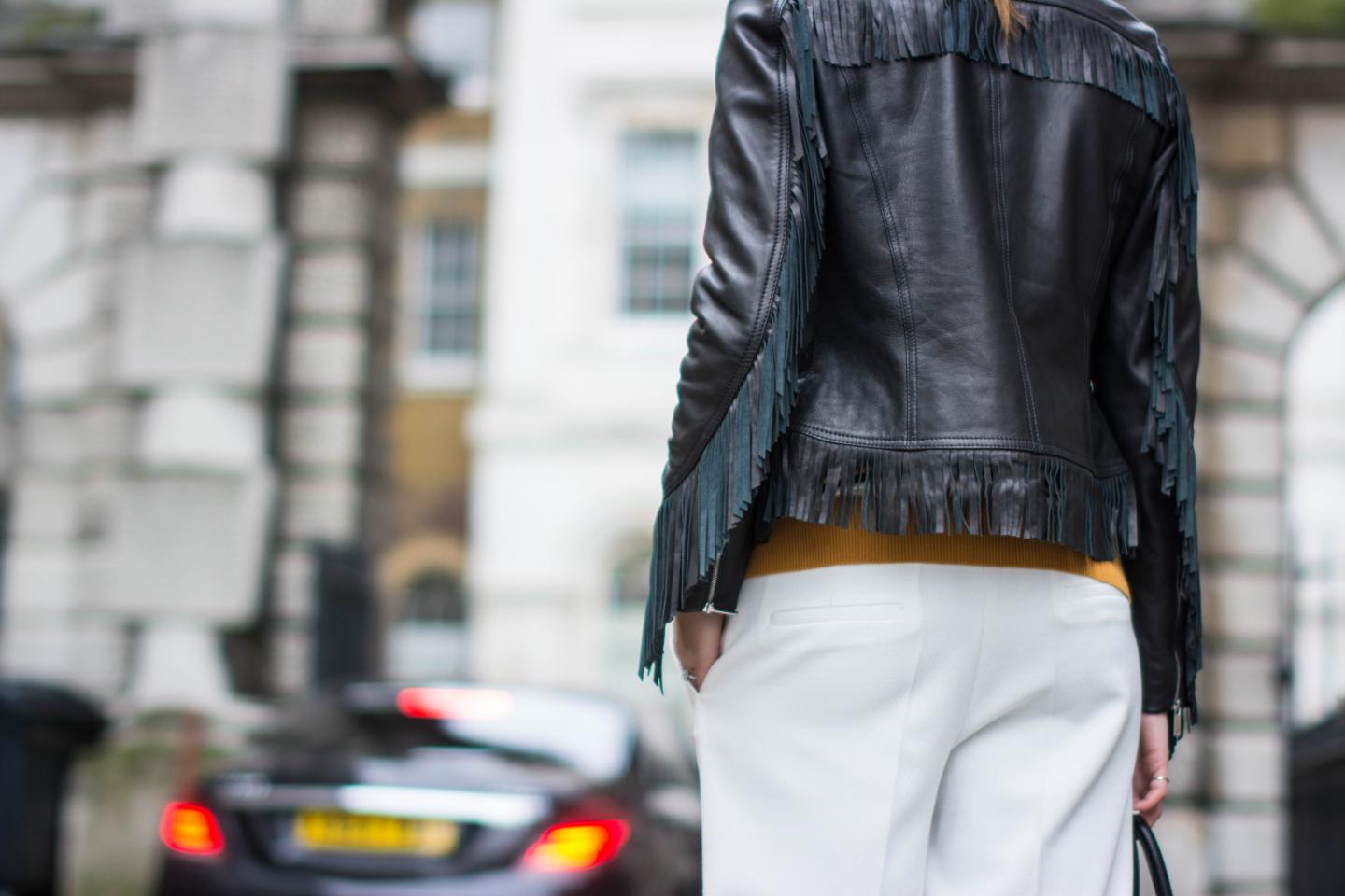 EJSTYLE - Emma Hill, London Fashion Week, AW15 LFW, Street style, LFW, Karen millen fringe leather jacket, Chloe trousers, white wide leg trousers, OOTD