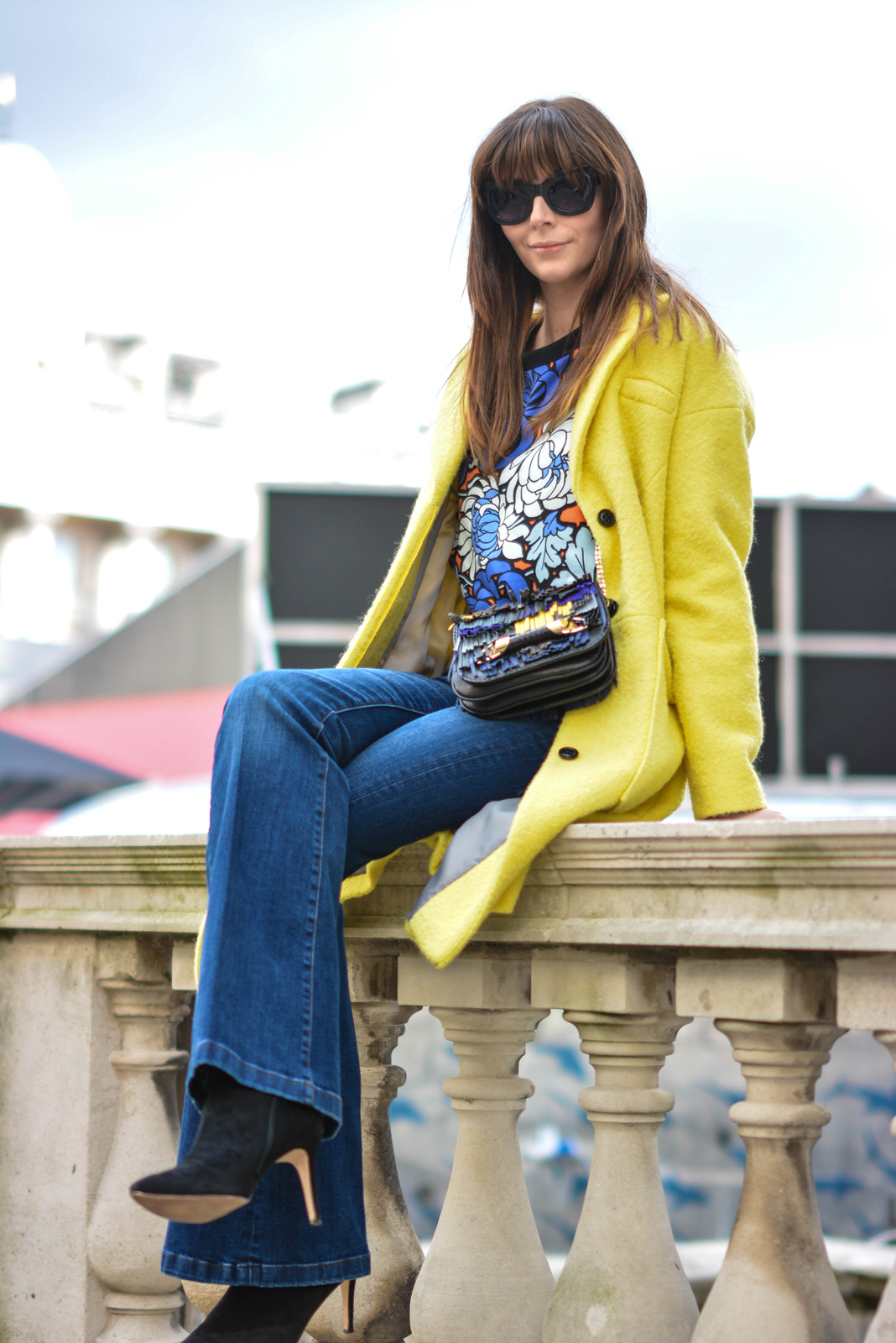 EJSTYLE - Emma Hill, London Fashion Week, LFW AW15, LFW FW15, Street style, Topshop top, Flare jeans, Yellow coat, OOTD, Topshop print blouse, Jimmy Choo fringe bag, Dune Naturally boots