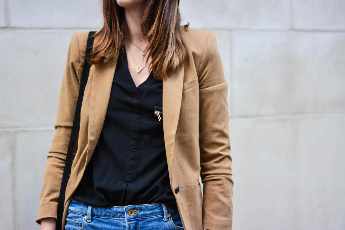 EJSTYLE - Emma Hill wearing Camel blazer, black shirt, denim shorts, gold necklaces