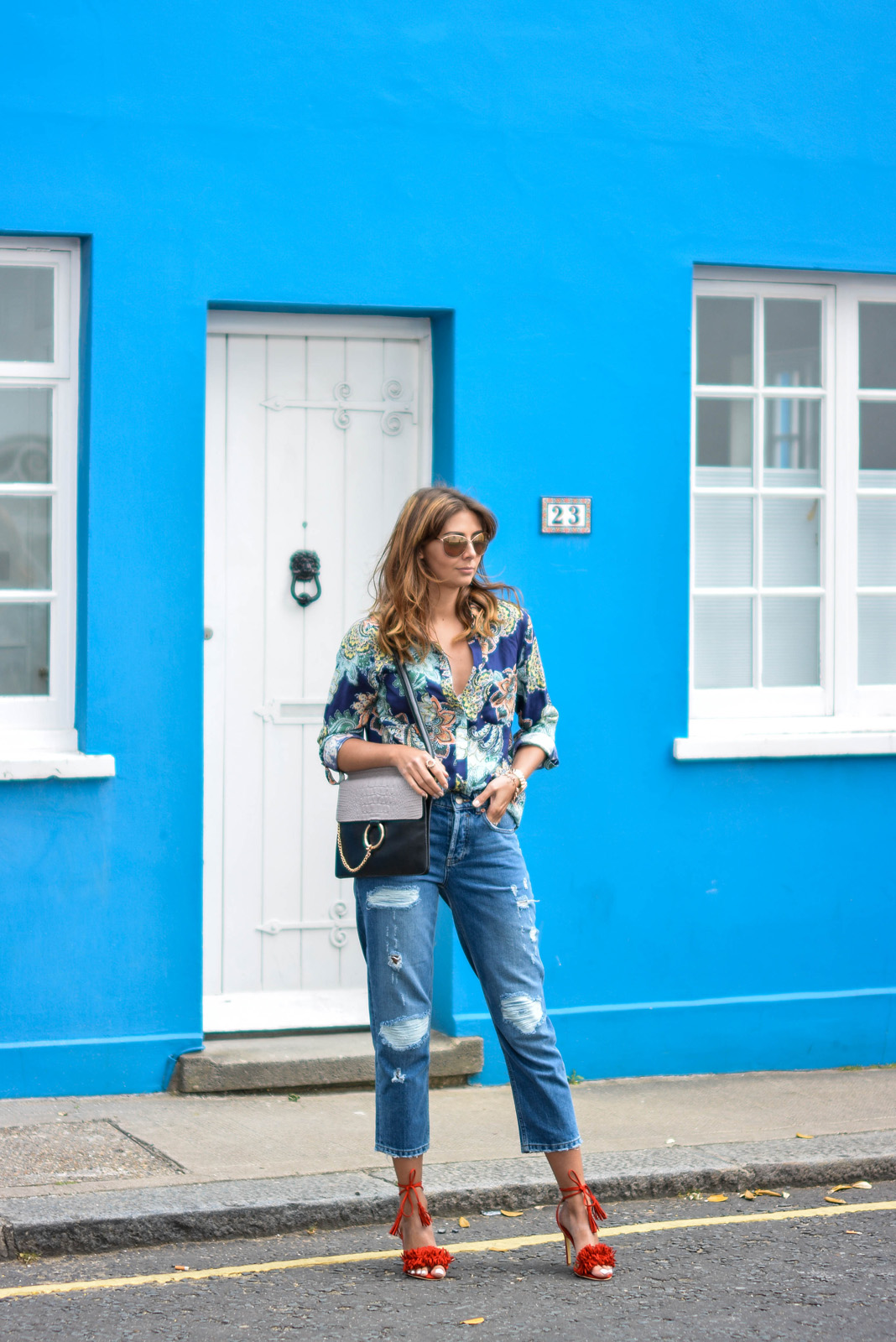 EJSTYLE - Emma Hill Wears Chloe Drew dupe bag, Warehouse navy blue paisley shirt, ASOS boyfriend jeans, River Island sunglasses, Jessica Buurman pom pom, Aquazzura wild thing red suede dupes, street style