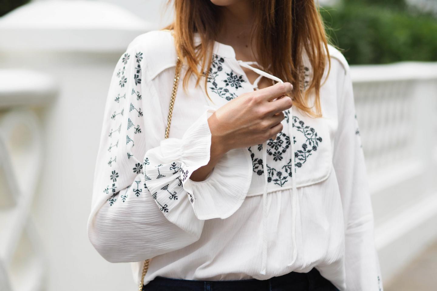 EJSTYLE wears H&M Concious collection lace up embroidered boho blouse top, 70s fashion
