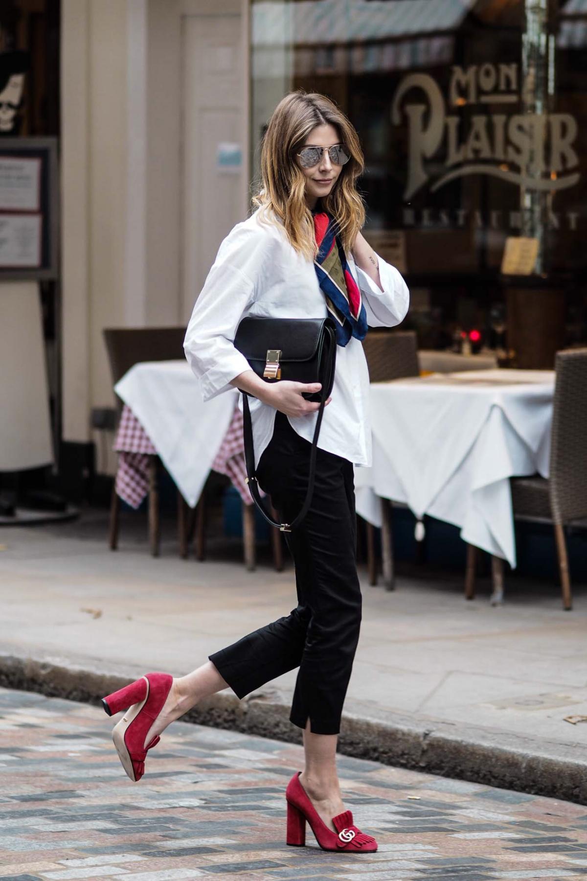 ankle grazers, white shirt, silk scarf, celine box bag, red suede gucci shoes, SS16