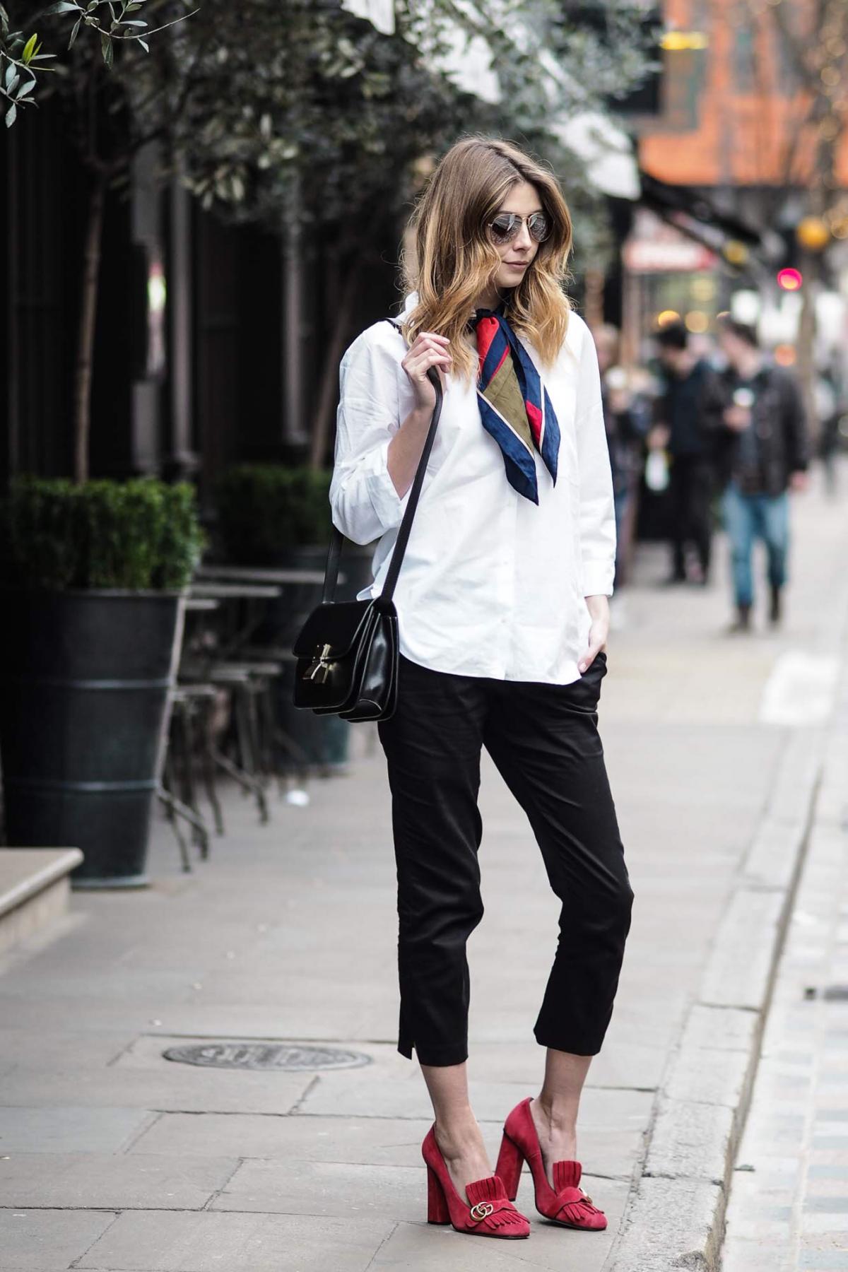 white shirt, silk scarf, ankle grazer trousers, celine box bag, red gucci shoes