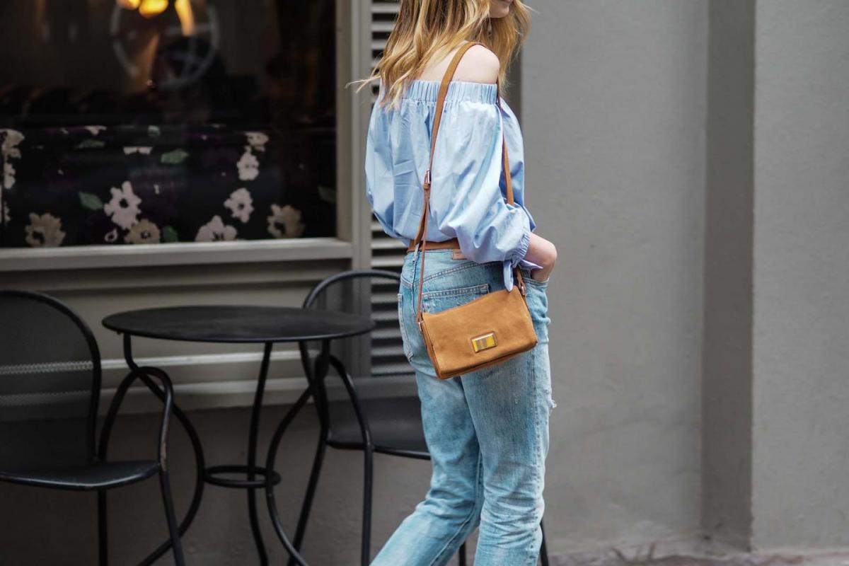 Zara tan suede bag, blue off the shoulder top