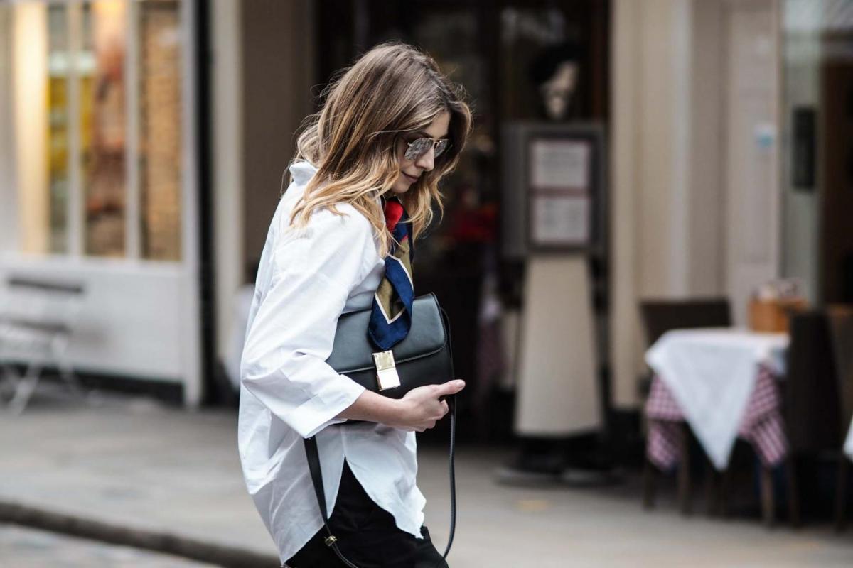 white shirt, silk scarf neckerchief, celine box bag, street style