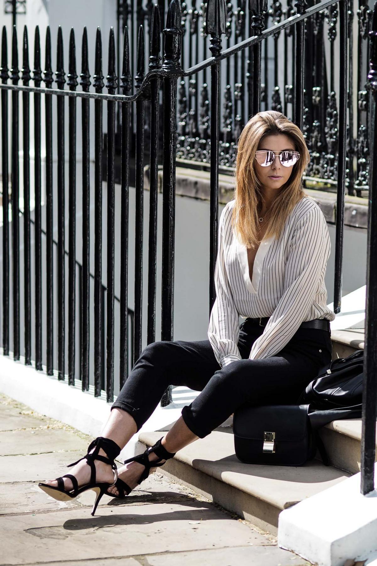 cream silk low V shirt, black wrap tie up sandals, celine box bag, mirror lens sunglasses, london street style