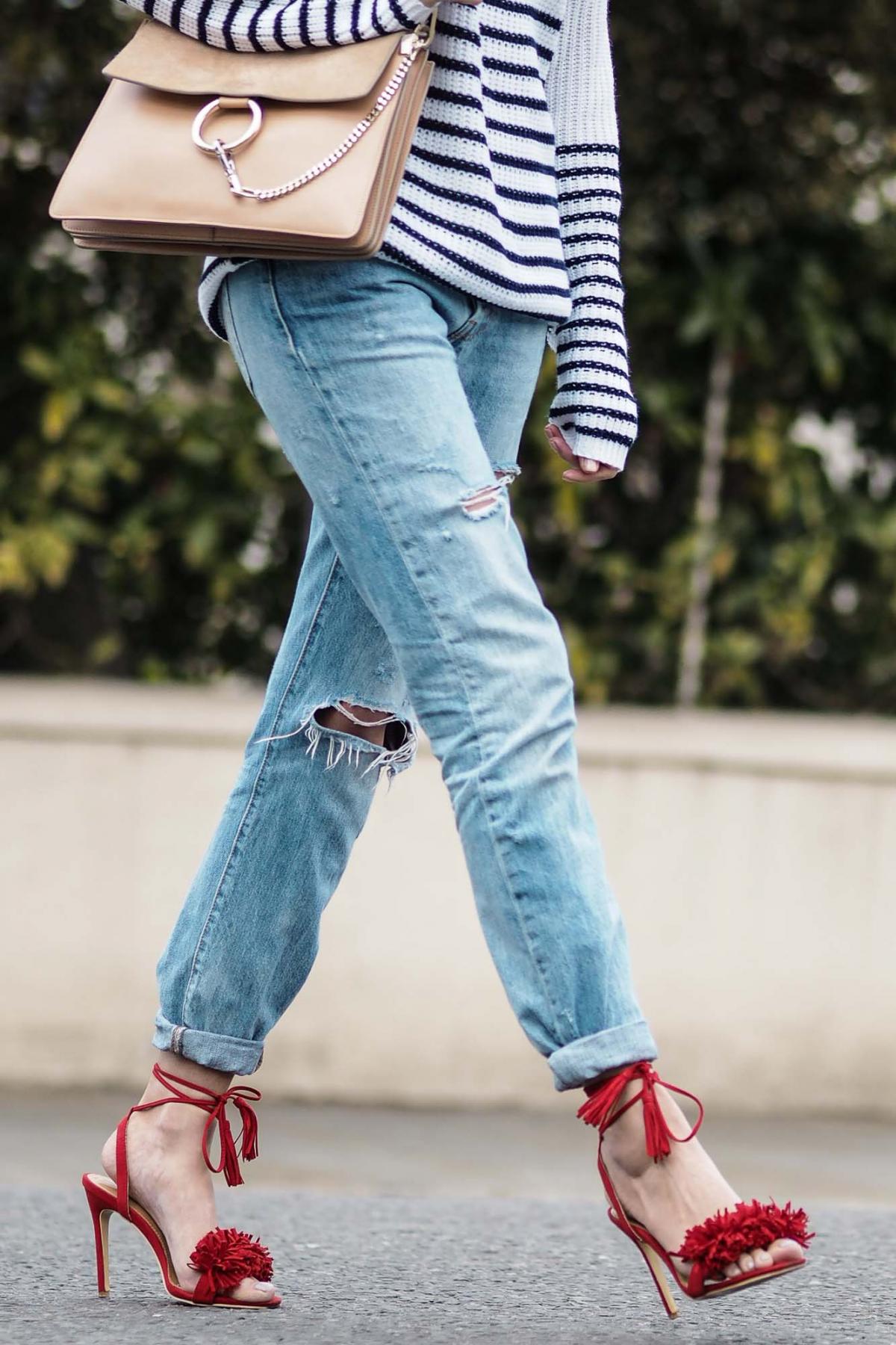 chloe faye bag, stripe sweater, ripped boyfriend jeans, aquazzura red suede heels