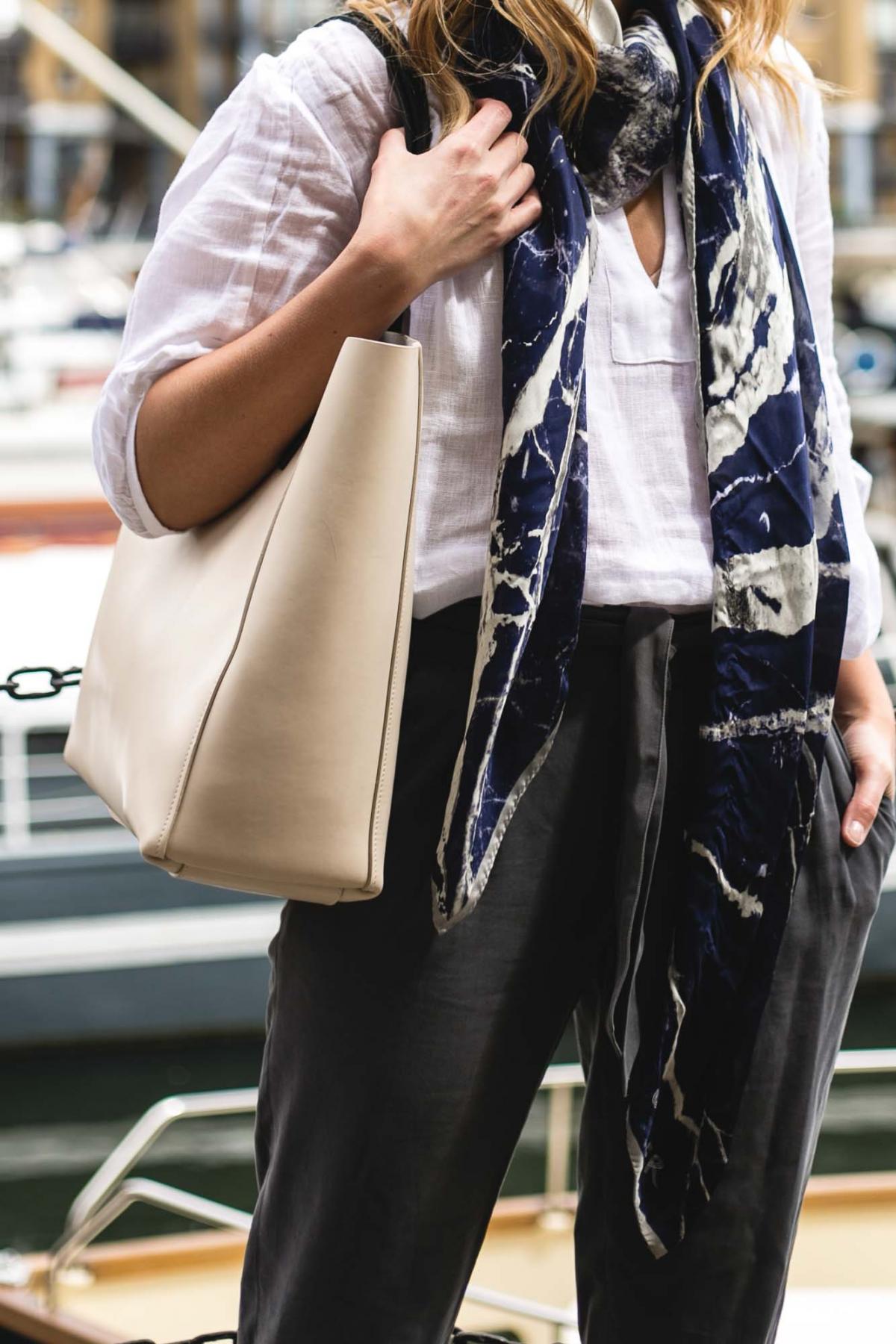 Jaeger off white blazer, grey trousers, silk scarf in blue print, white linen shirt, chic work outfit