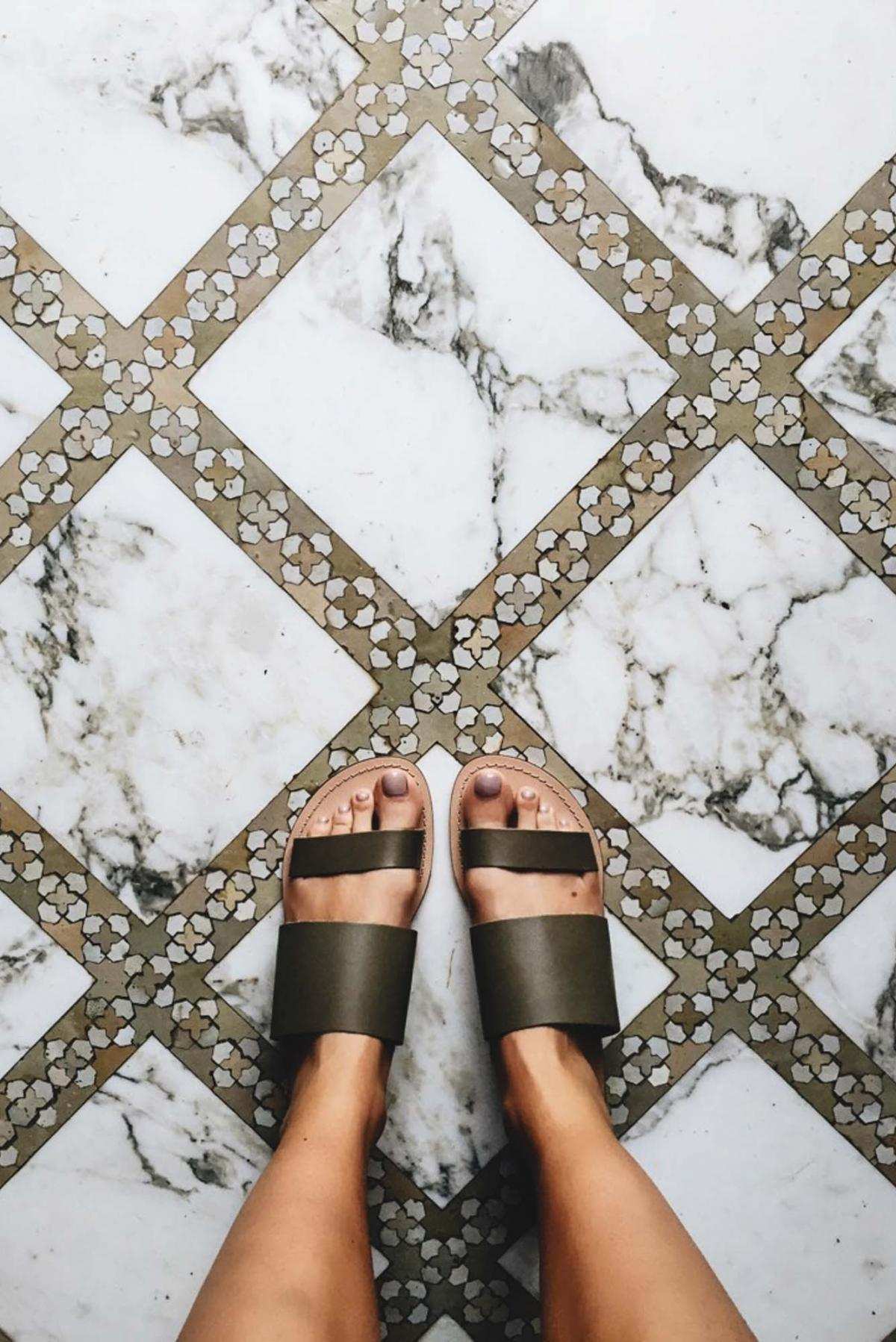 Moroccan tiled marble floor, kaki slies sandals-2