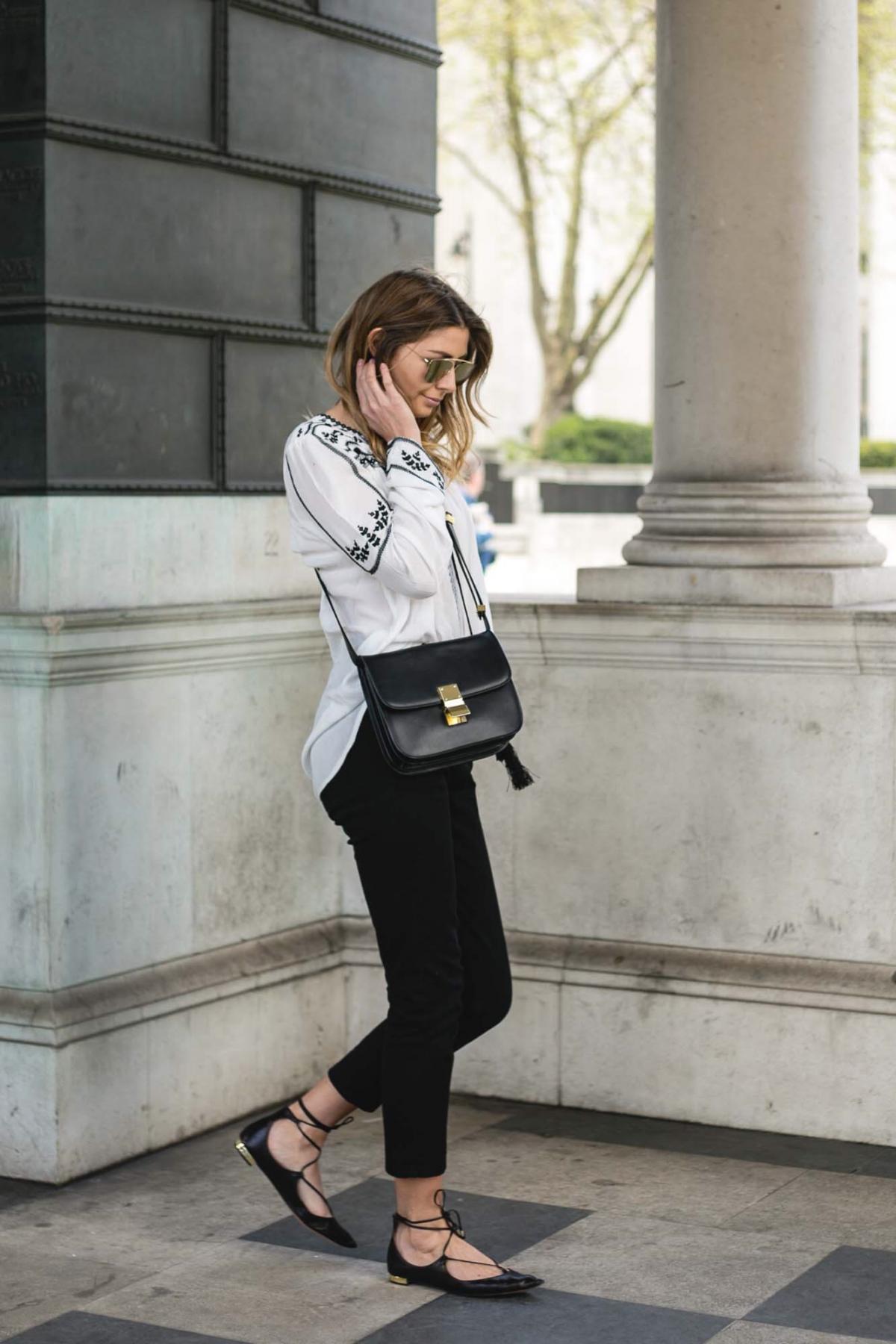 black jeans, boho top, celine box bag, Aquazzura Christy flats