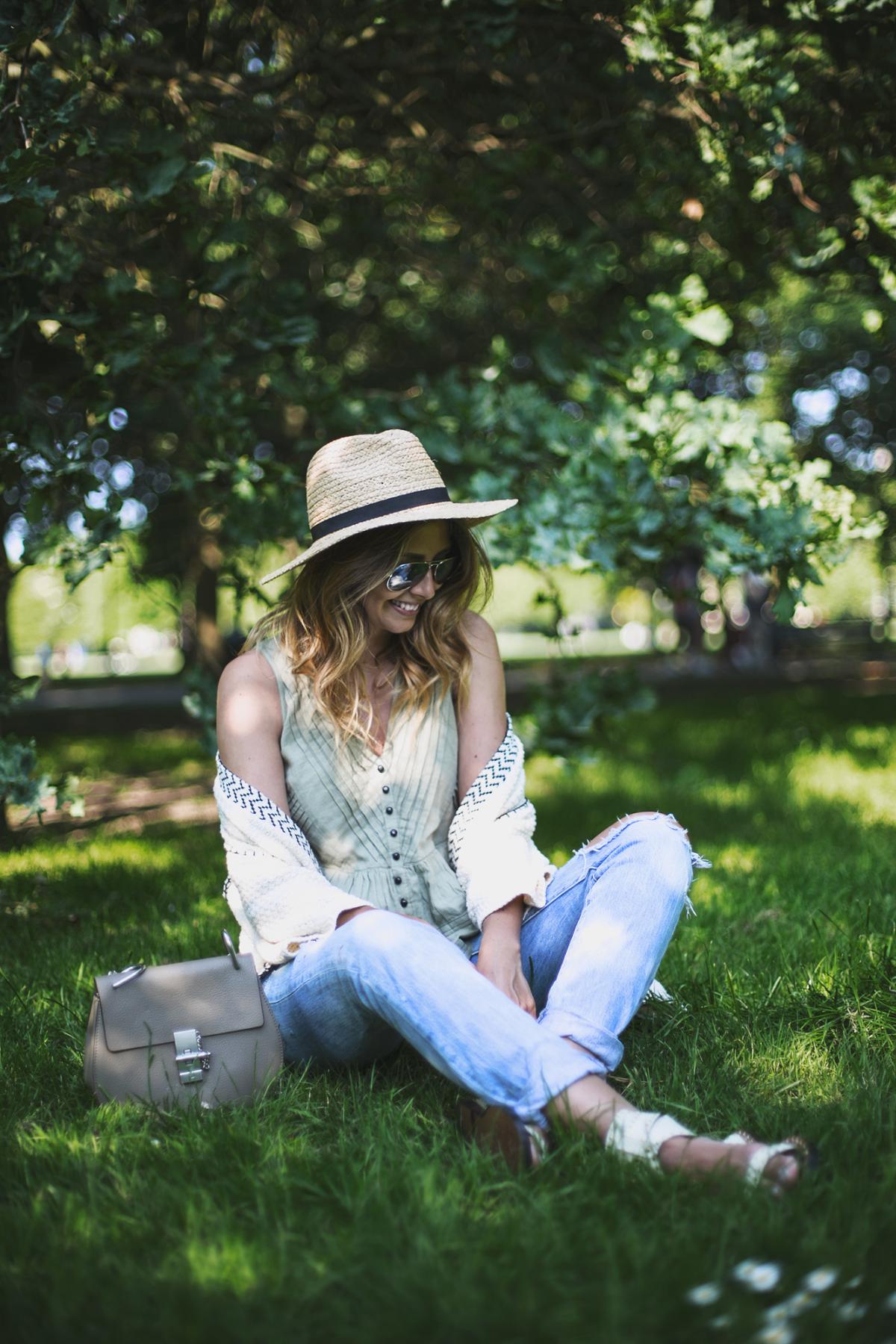 Summer outfit, ripped jeans, khaki ruffle top, cream cardigan, grey chloe drew bag, Isabel Marant sandals, picnic in the park outfit