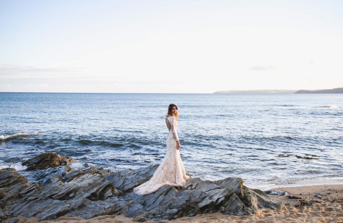 beach wedding photography, bride, long sleeve backless lace wedding dress