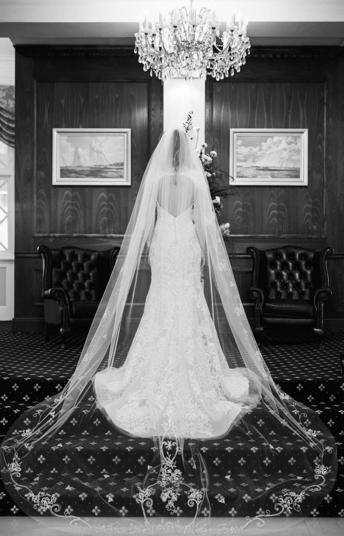 black white wedding photography, cathedral length veil, backless lace wedding dress