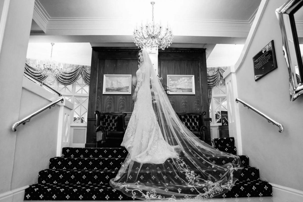 bride, cathedral veil, lace long sleeve wedding dress, black white wedding photography