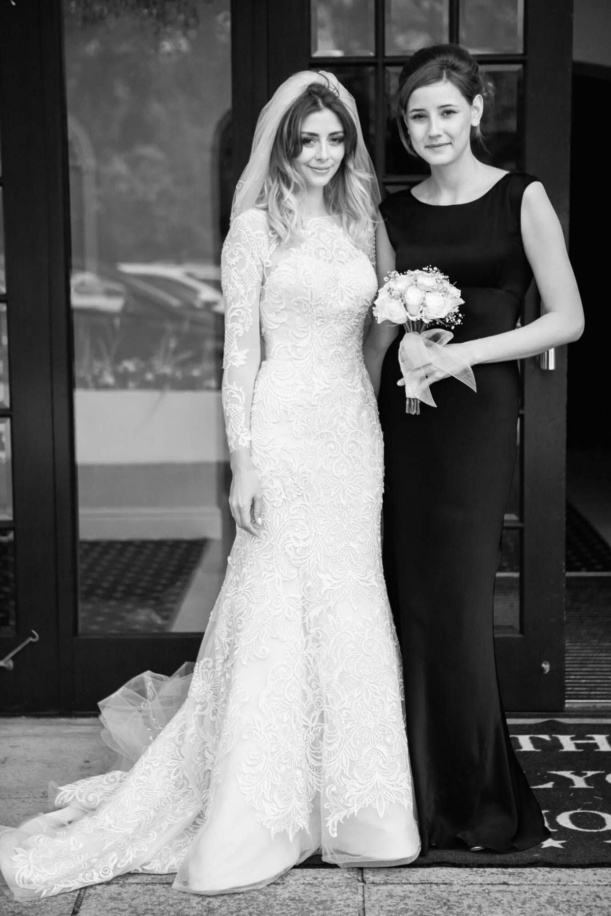 bride, single bridesmaid, lace long sleeve wedding dress, black white wedding photography