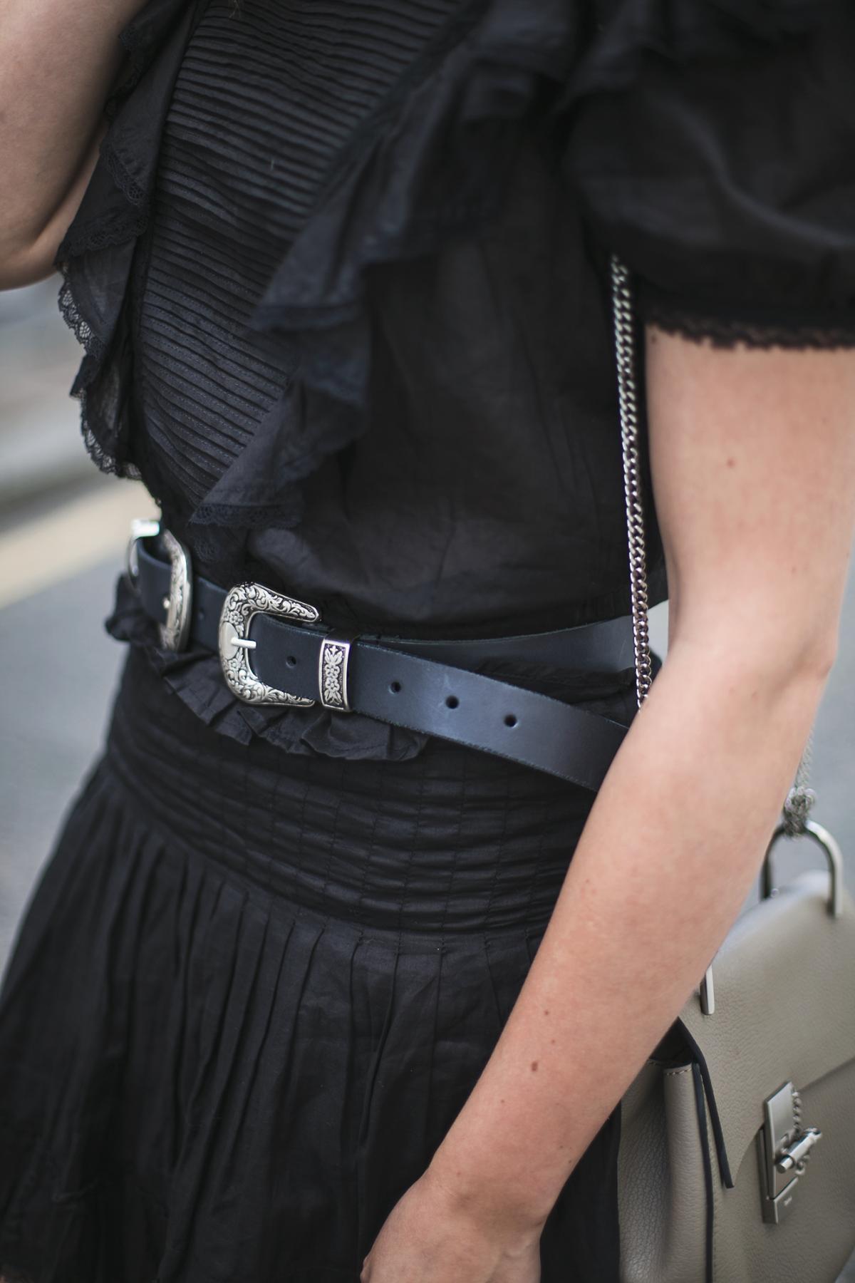isabel marant etoile cotton mini dress, double buckle western belt, grey chloe drew bag