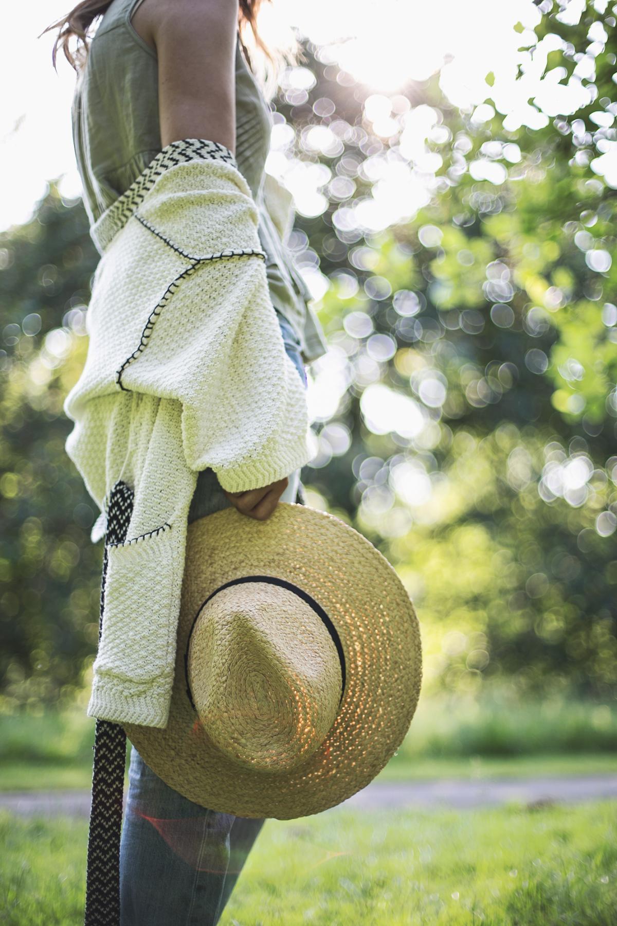 straw fedora hat, khaki top, belted cardigan, summer outfit, casual