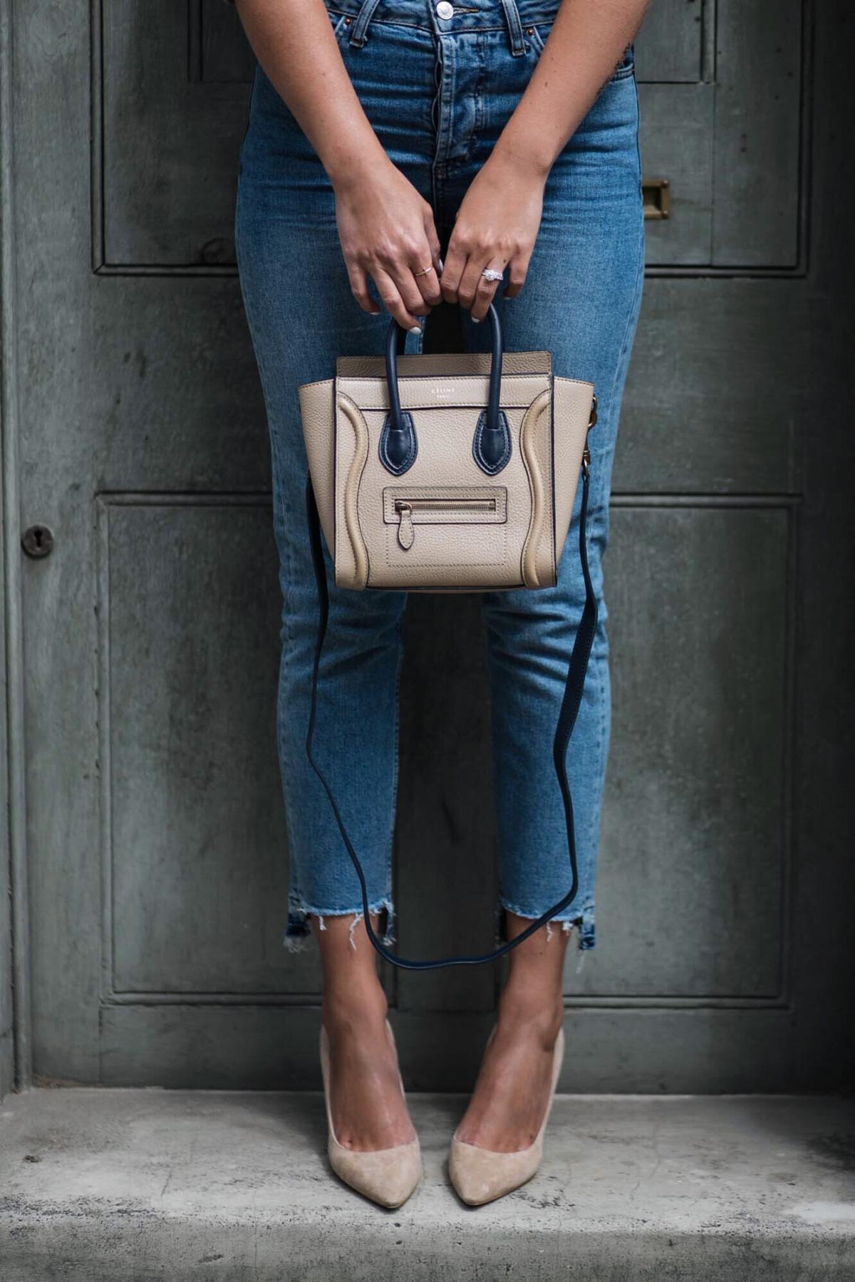 straight leg stepped hem jeans, celine nano bag, jimmy choo romy court shoes beige suede