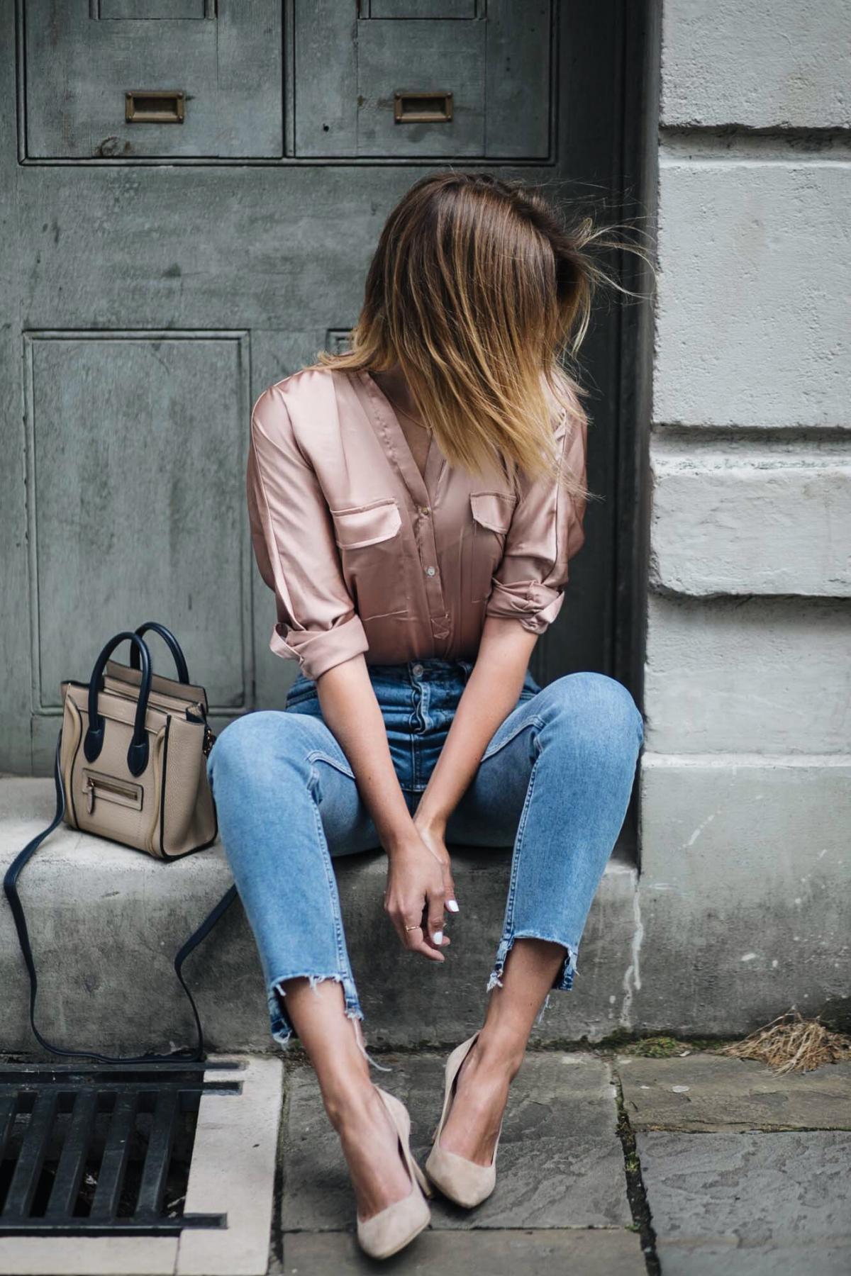 Satin shirt, straight leg stepped hem jeans, celine nano bag, jimmy choo romy court shoes beige suede, date night outfit, chic