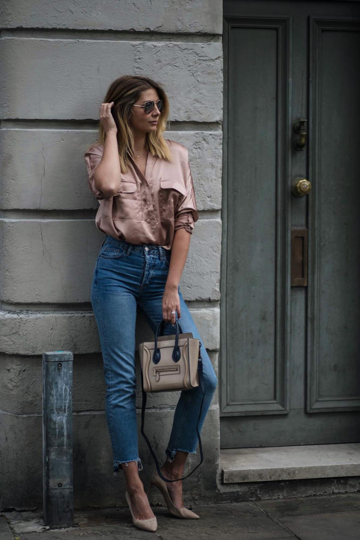 Satin shirt, straight leg stepped hem jeans, celine nano bag, jimmy choo romy court shoes beige suede, date night outfit ideas