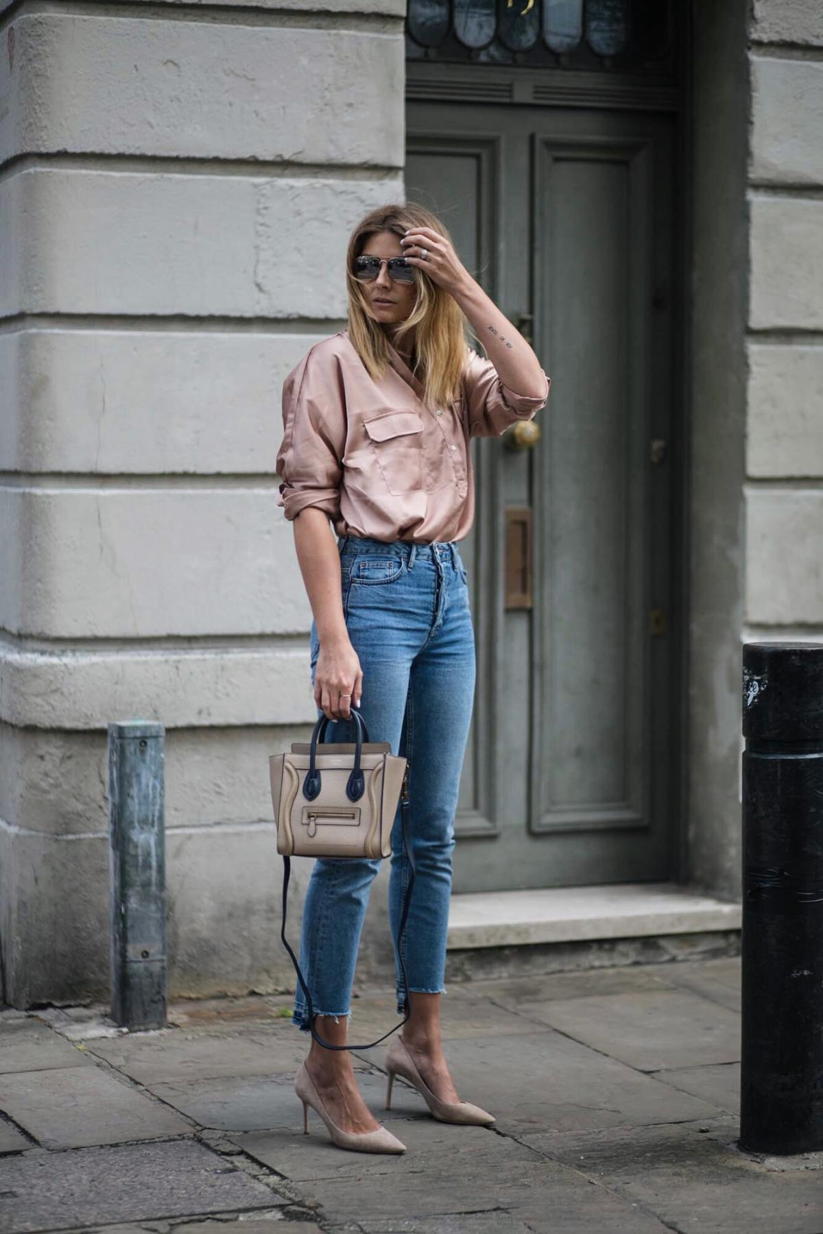 Satin shirt, straight leg stepped hem jeans, celine nano bag, jimmy choo romy court shoes beige suede, date night outfit