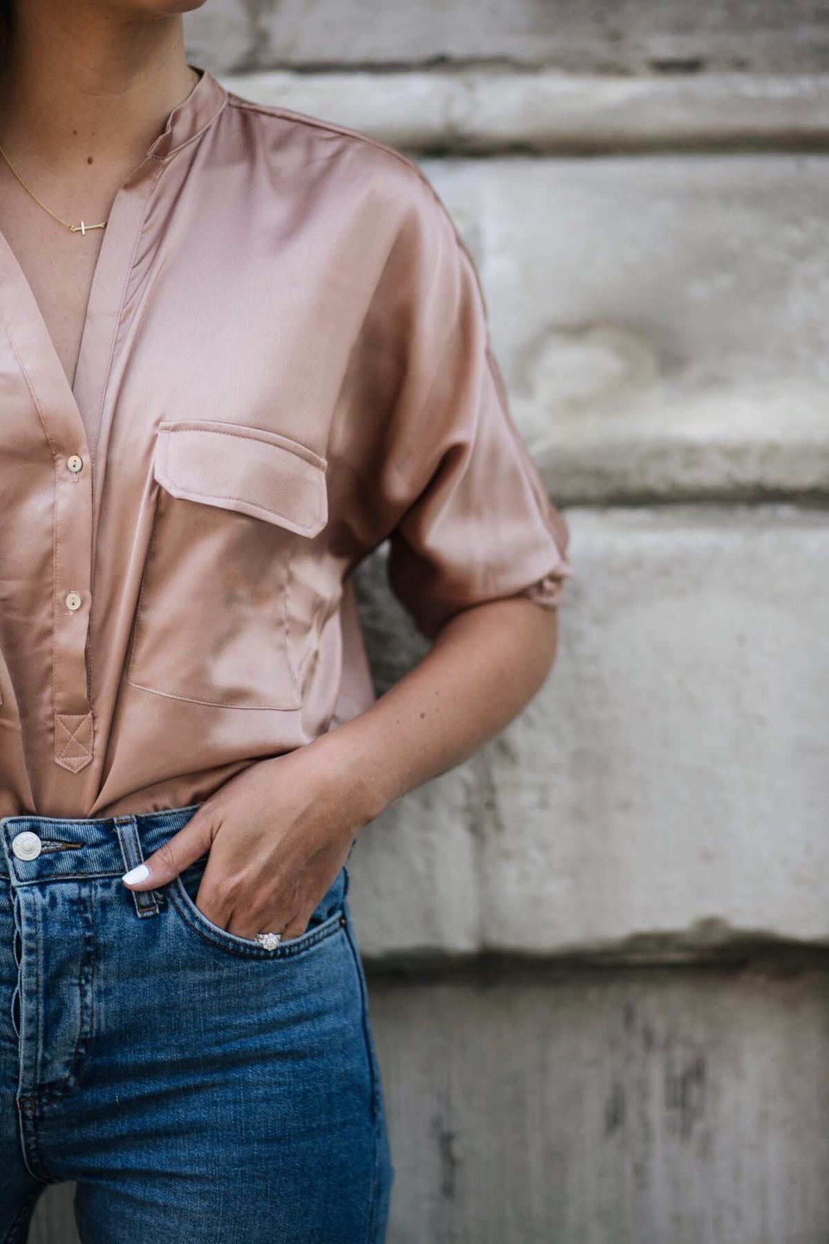 satin shirt, gold cross necklace, light wash denim jeans, white nails, date night outfit