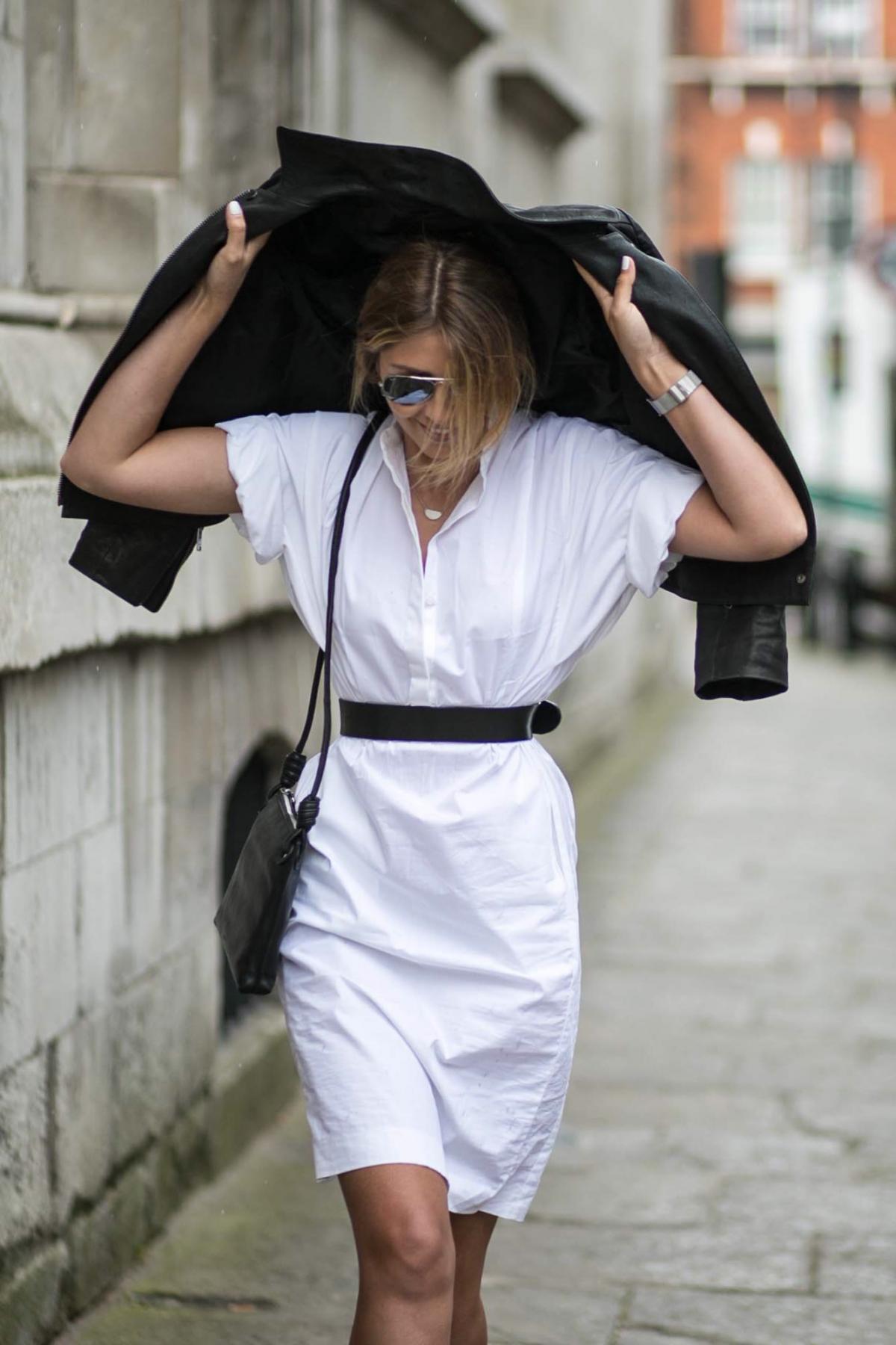 british summer, rain, biker jacket, outfit, style, white shire dress, black waist belt, 