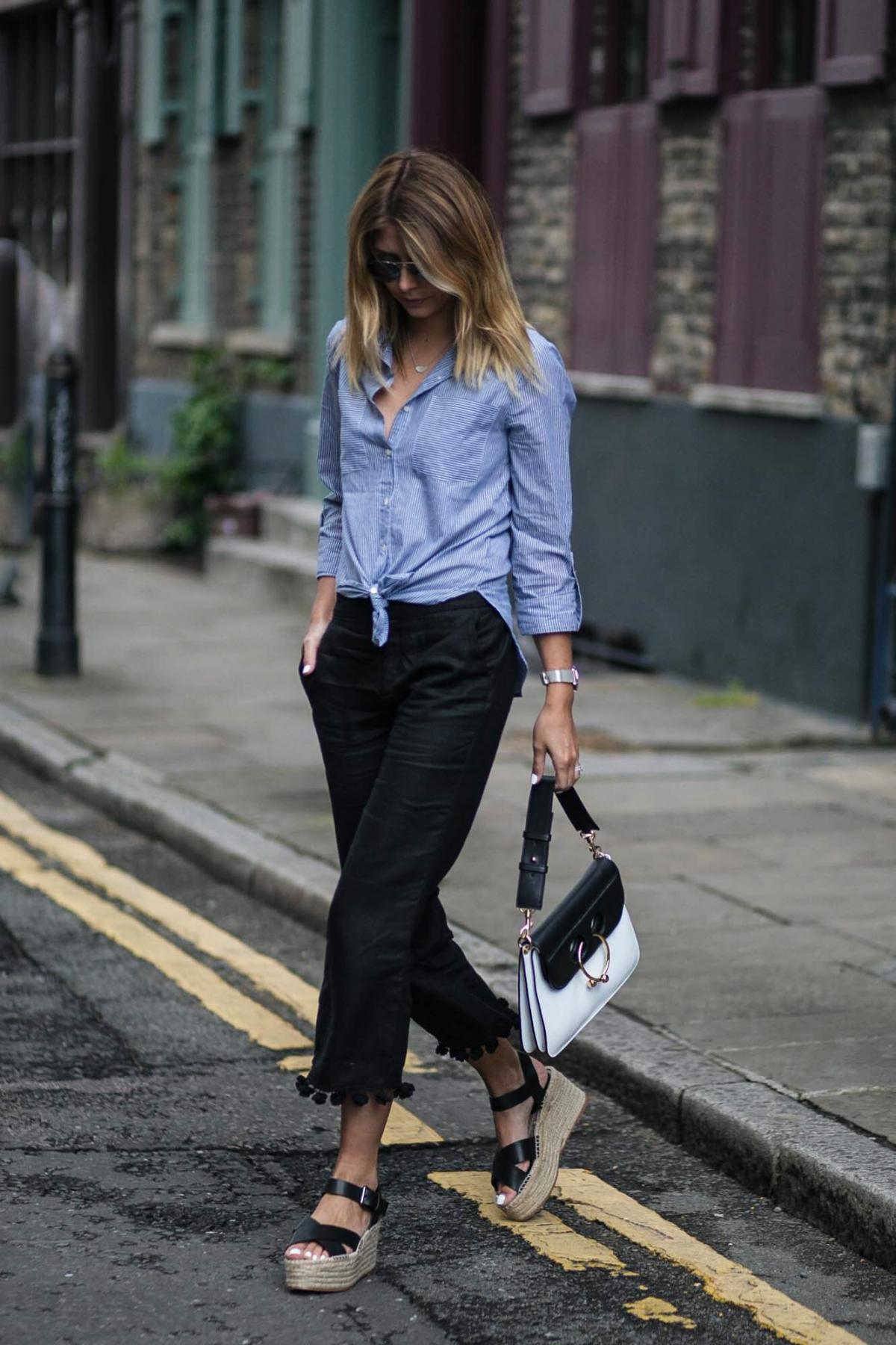 Zara pom pom hem black cropped trousers, wedge espadrilles, street style, summer style, blue pinstripe shirt, JW Anderson monochrome Pierce bag
