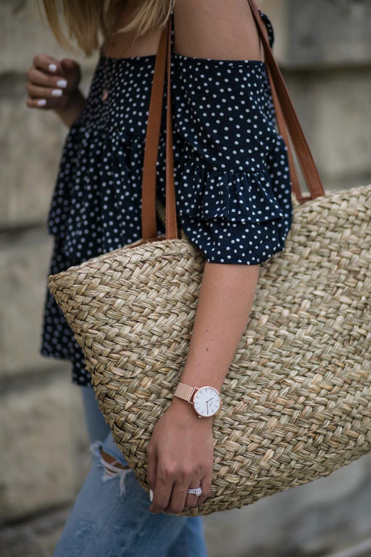 File 02-08-2016, 08 41 22 rose gold watch, straw woven wicker beach bag, navy polka dot top, cold shoulder top, summer outfit
