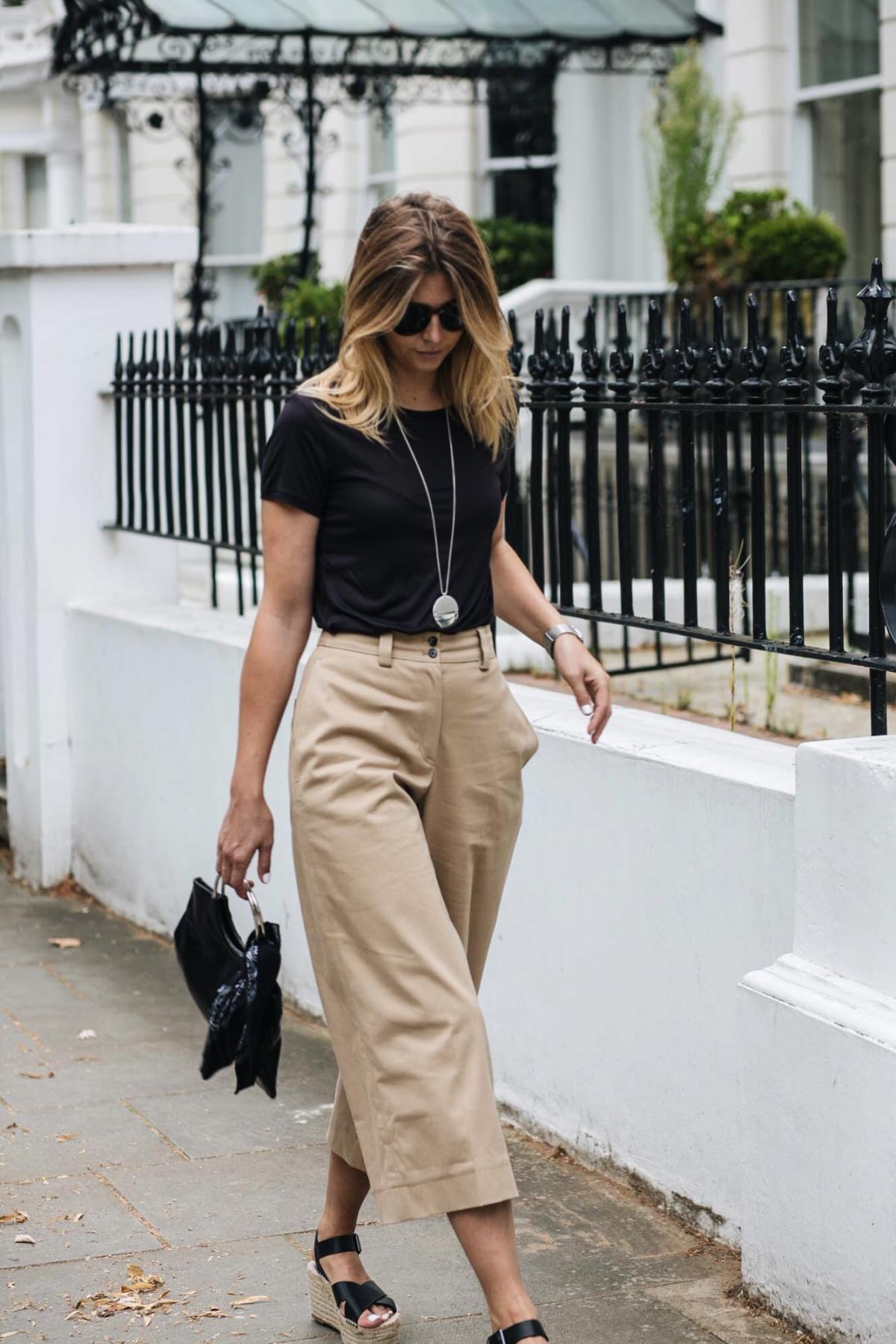 high waisted camel cropped wide leg trousers, black t shirt, long silver disc necklace, summer outfit, street style, fashion blogger, EJSTYLE, Emma Hill, wedge sandals, flatform sandals, 