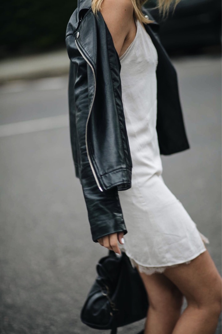 lace detail slip dress, cami dress, underwear as outerwear, black leather biker jacket, street style