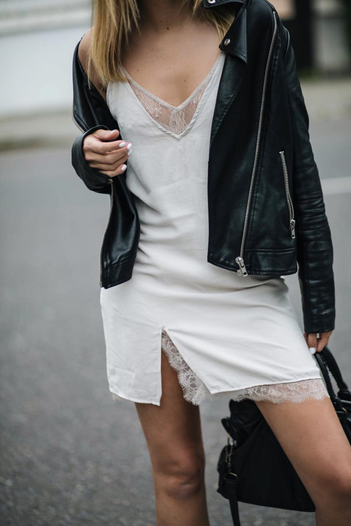 lace trim slip dress, underwear as outerwear, mango slip dress, black leather biker jacket