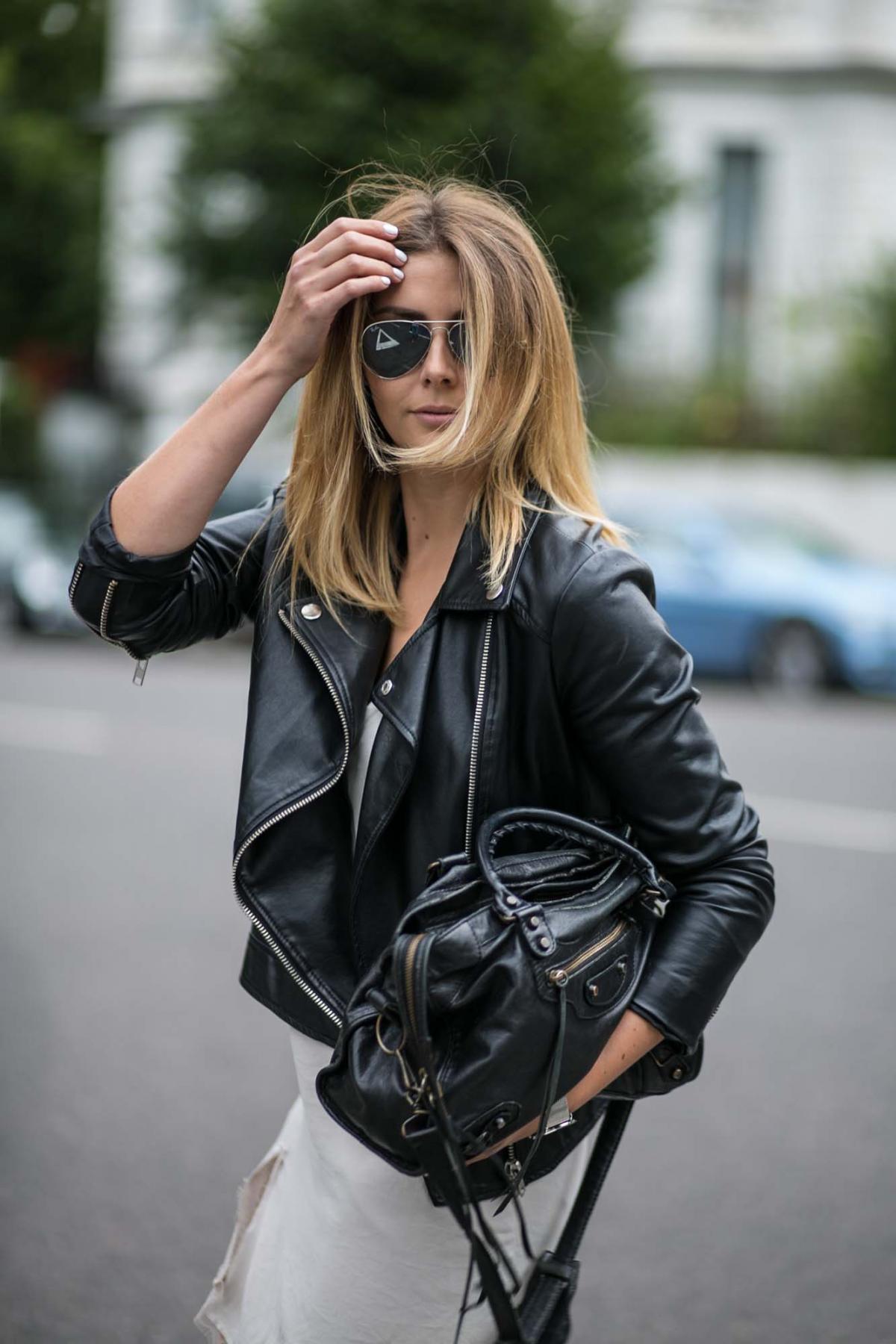 black leather biker jacket, balenciaga bag, slip dress, cami dress, street style, fashion blogger