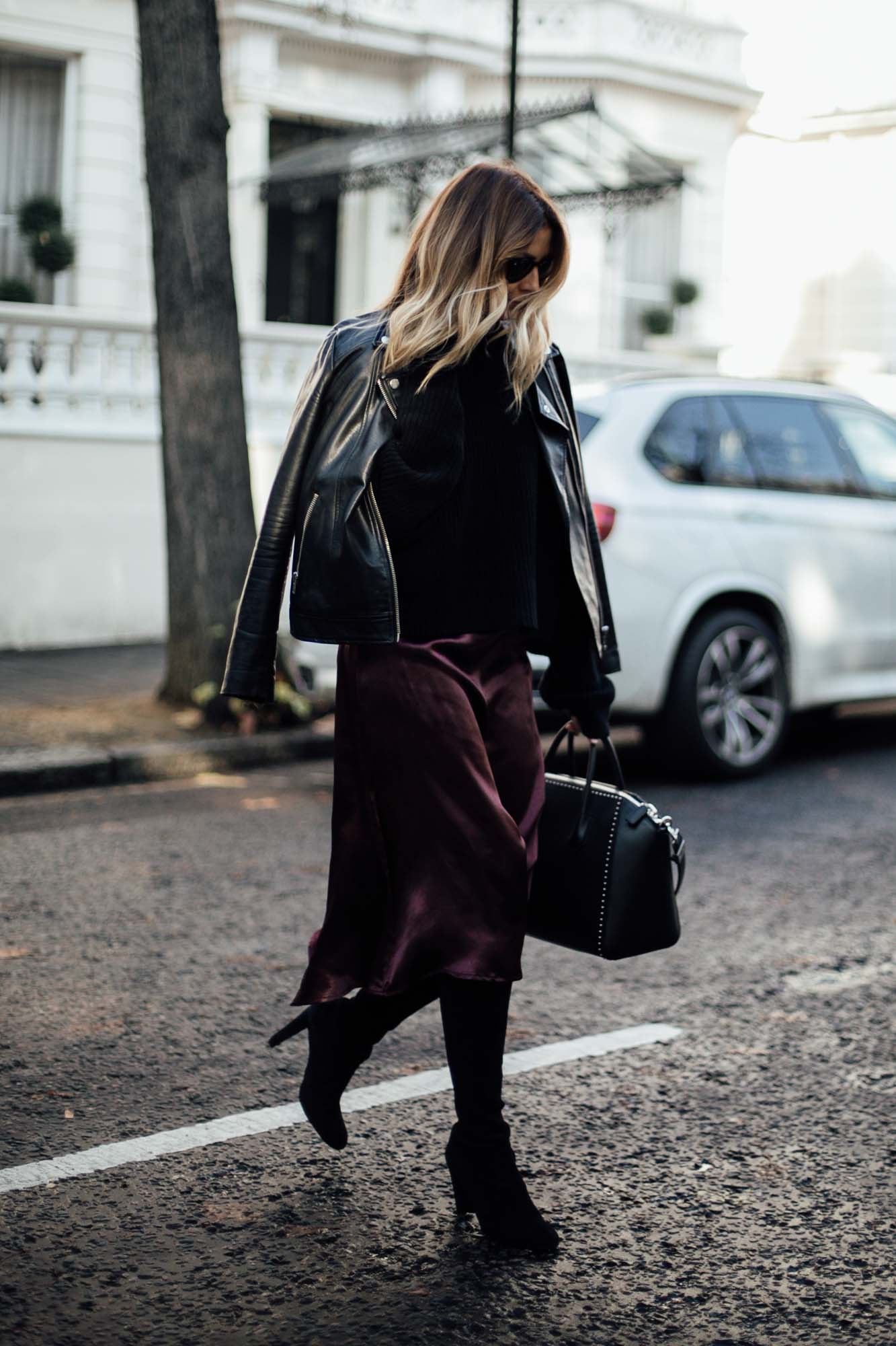 Satin skirt and outlet jumper outfit