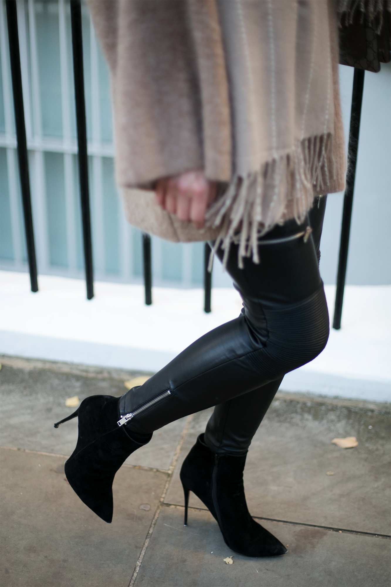 camel kni, camel scarf, faux leather zip biker trousers, heeled ankle boots