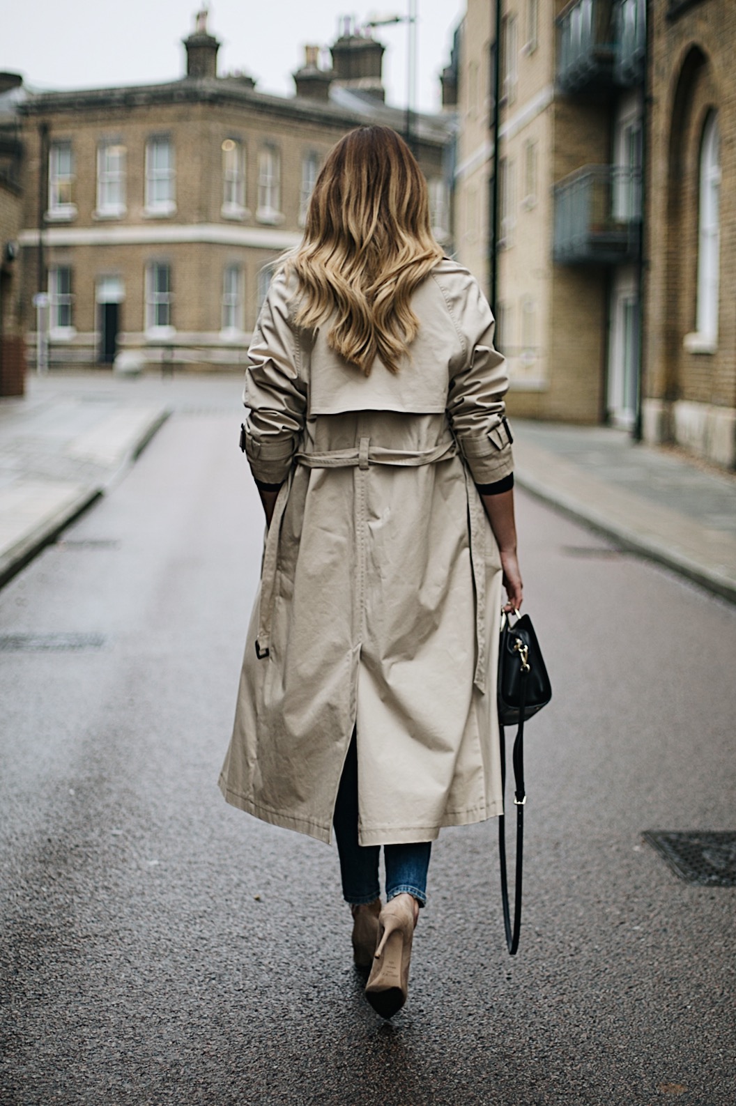 trench coat, long blonde hair