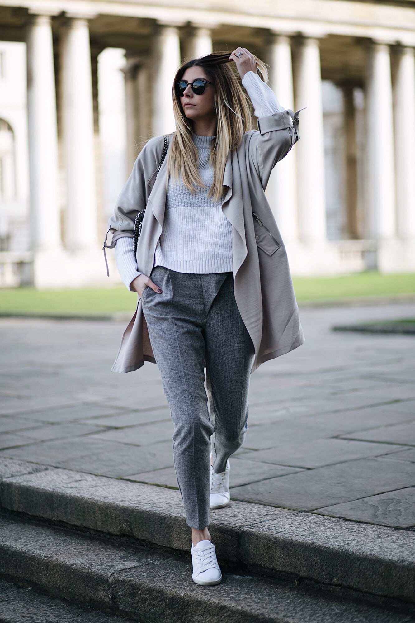 beige jacket, grey & white stripe jumper, grey tailored peg leg trousers, white trainers lace ups, grey Stella McCartney Falabella, casual winter outfit