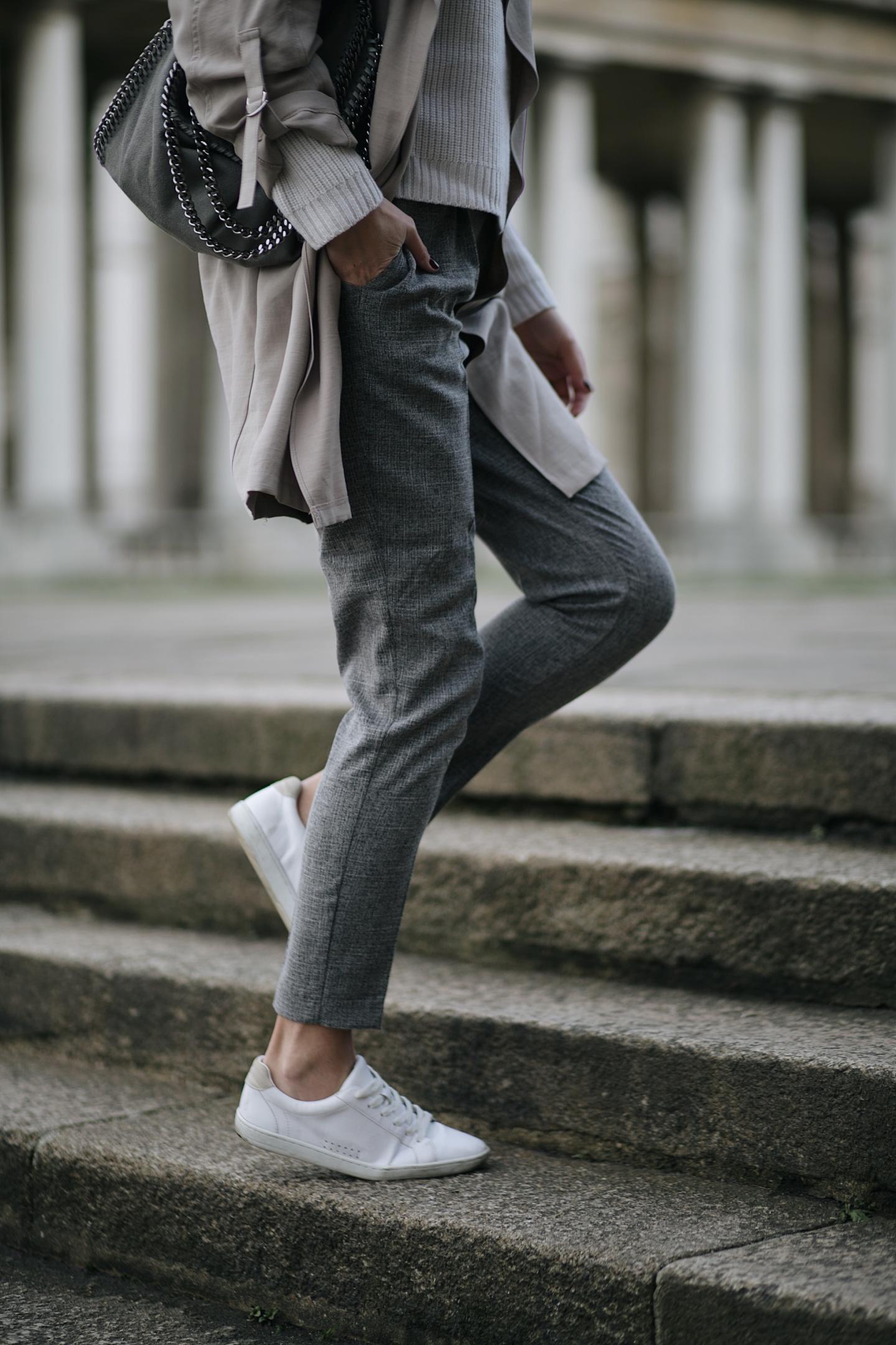 Beige jacket clearance grey pants