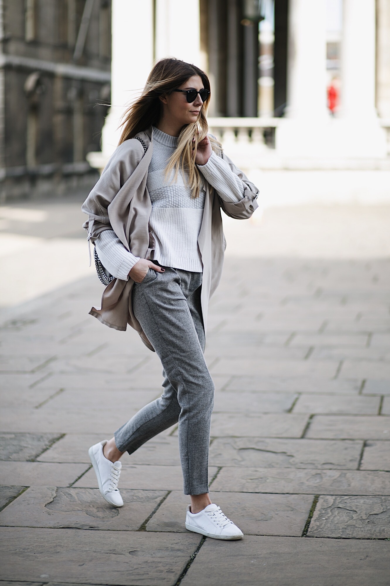 beige jacket, grey & white stripe jumper, grey tailored peg leg trousers, white trainers lace ups, grey Stella McCartney Falabella, casual winter outfit